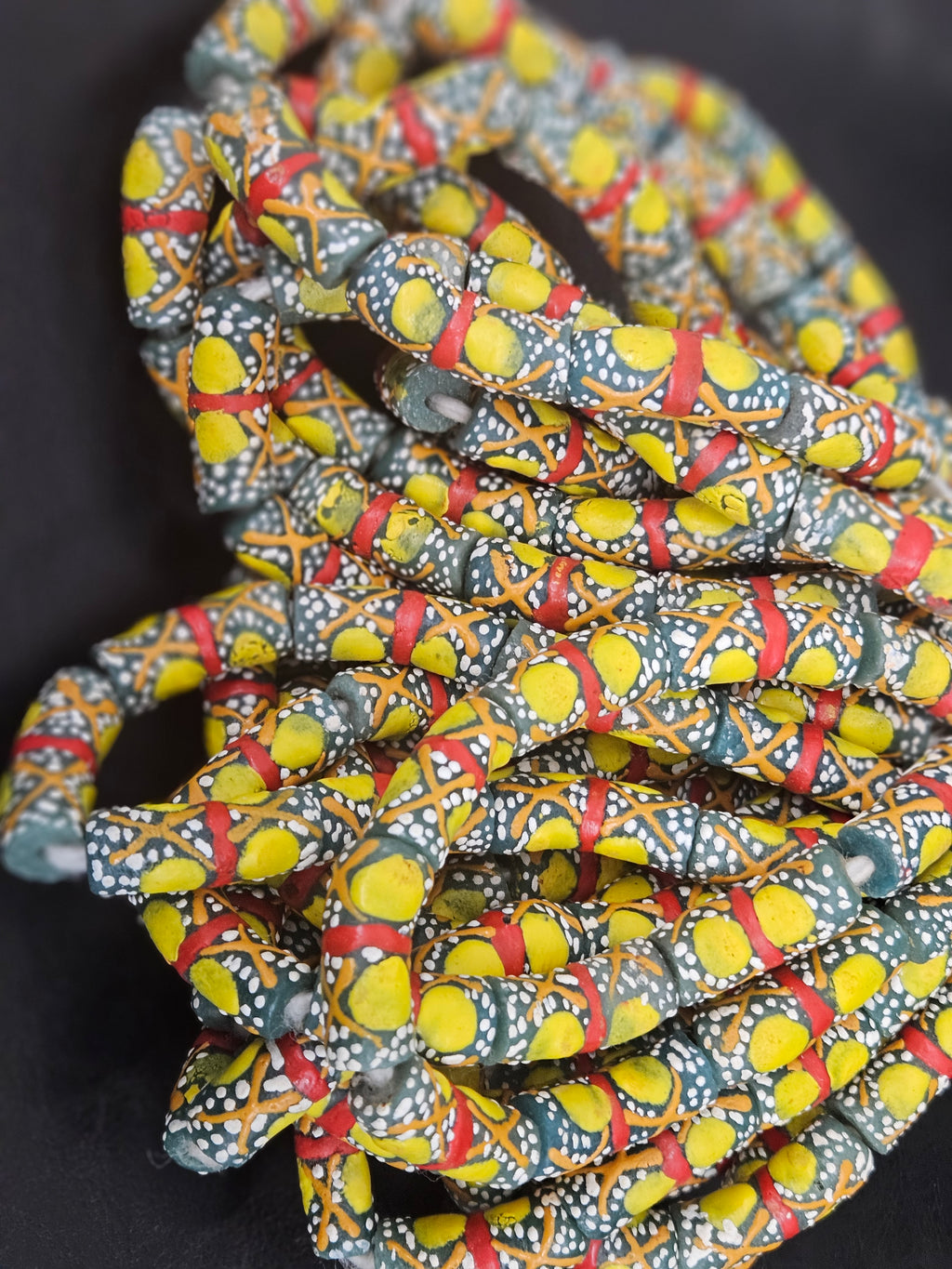 Olive Green Krobo Painted Glass Tube Beads with Golden Yellow Medallions & Terracotta Geometric Motifs