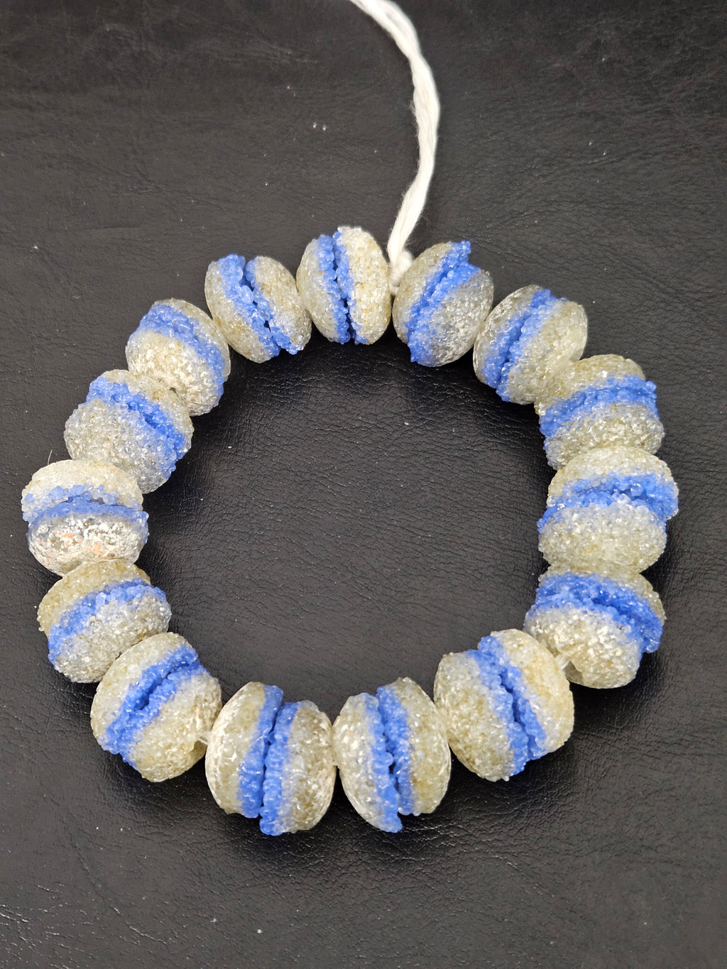 Royal Blue & Ivory Krobo Sugar Glass Rondelle Beads | Handcrafted Recycled Glass Beads from Ghana | Approx. 30 Beads Per Strand