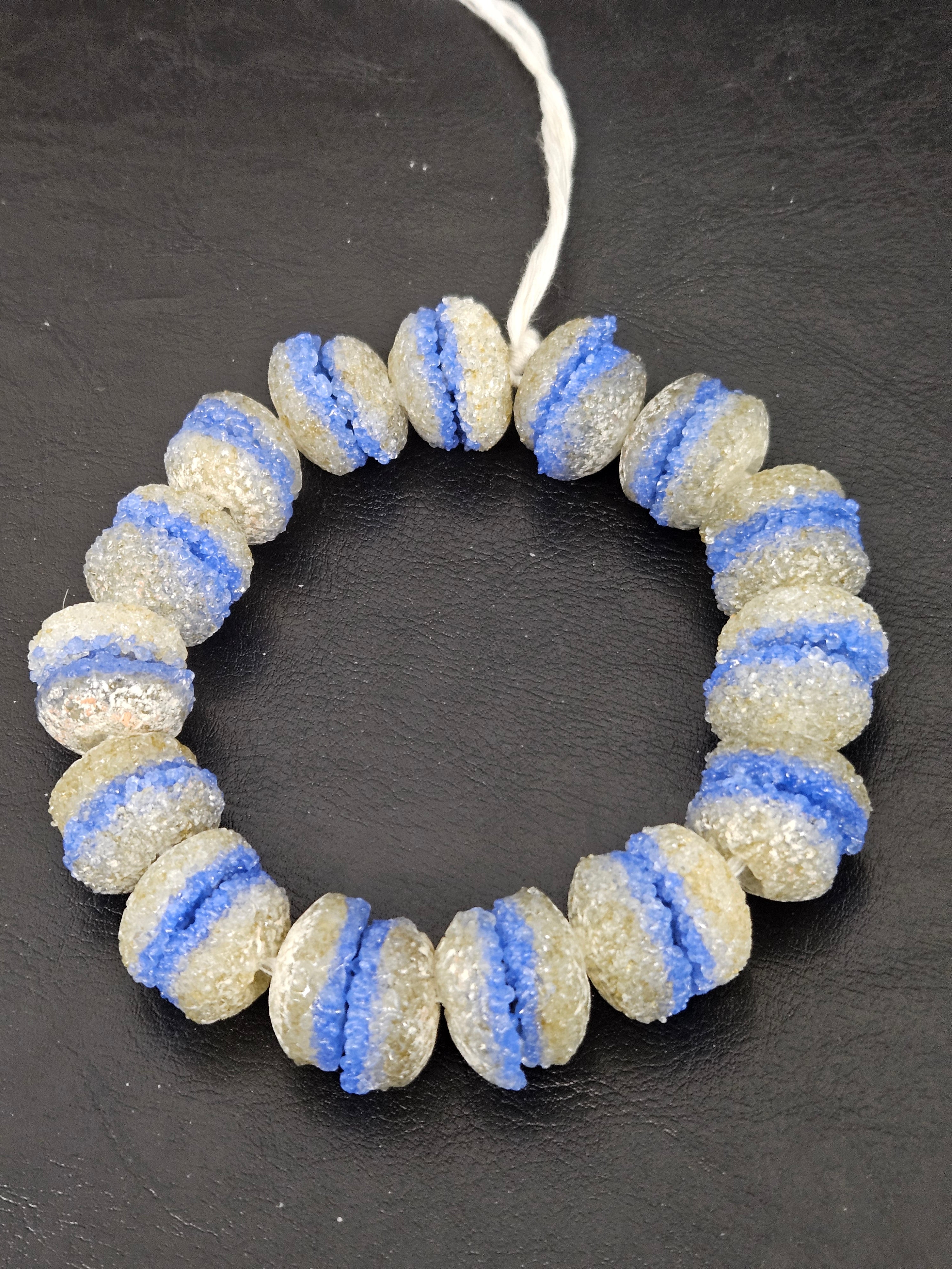 Royal Blue & Ivory Krobo Sugar Glass Rondelle Beads | Handcrafted Recycled Glass Beads from Ghana | Approx. 30 Beads Per Strand