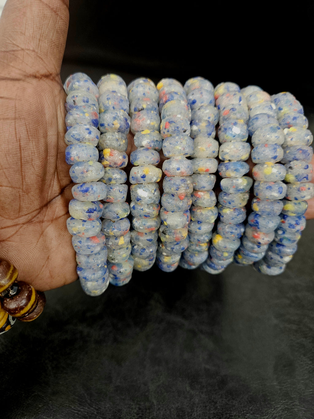 Blue Gray African Recycled Glass Short Tube Beads – Handmade Krobo Powder Glass Beads, 32–33 Beads
