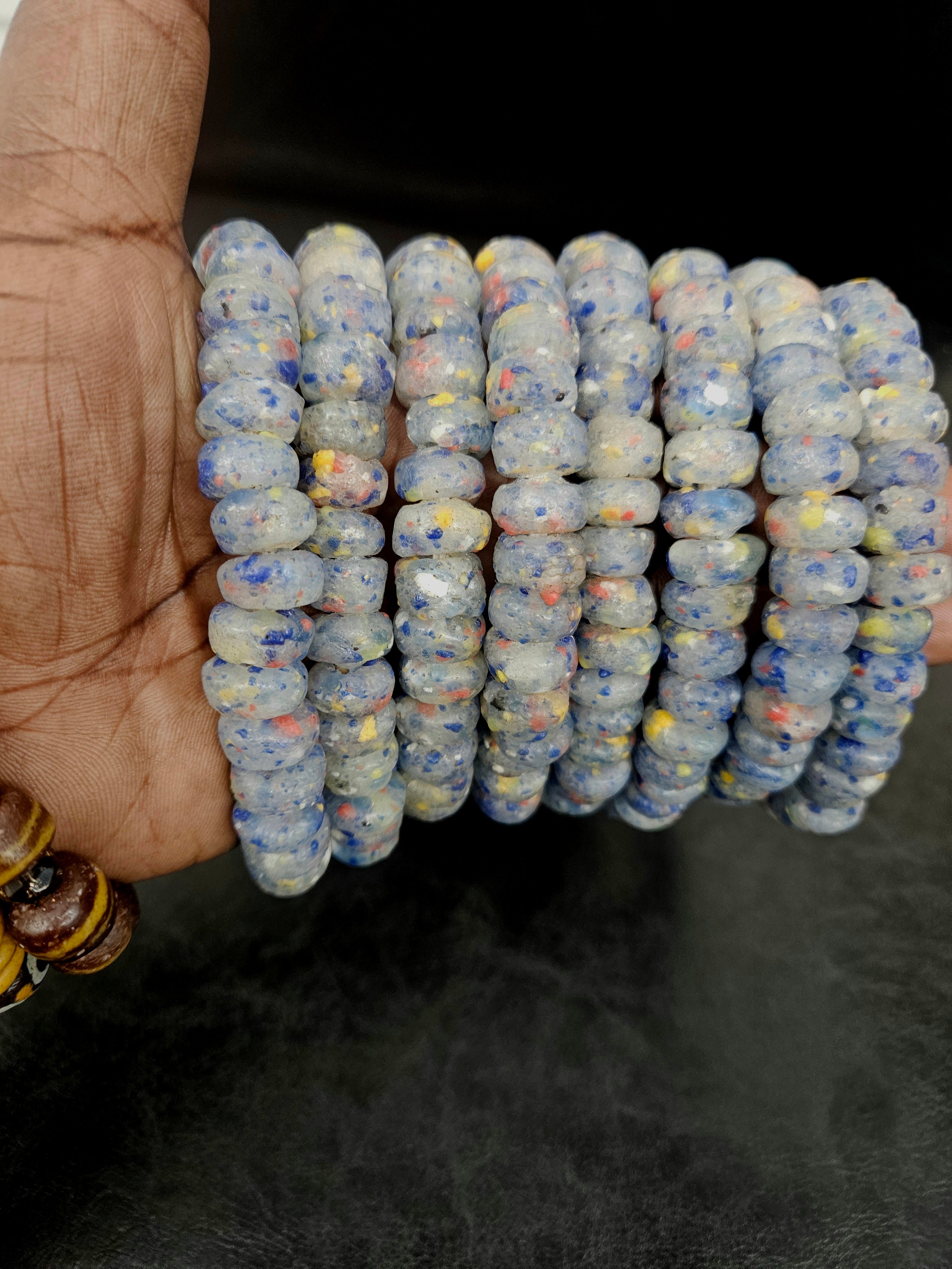 Blue Gray African Recycled Glass Short Tube Beads – Handmade Krobo Powder Glass Beads, 32–33 Beads
