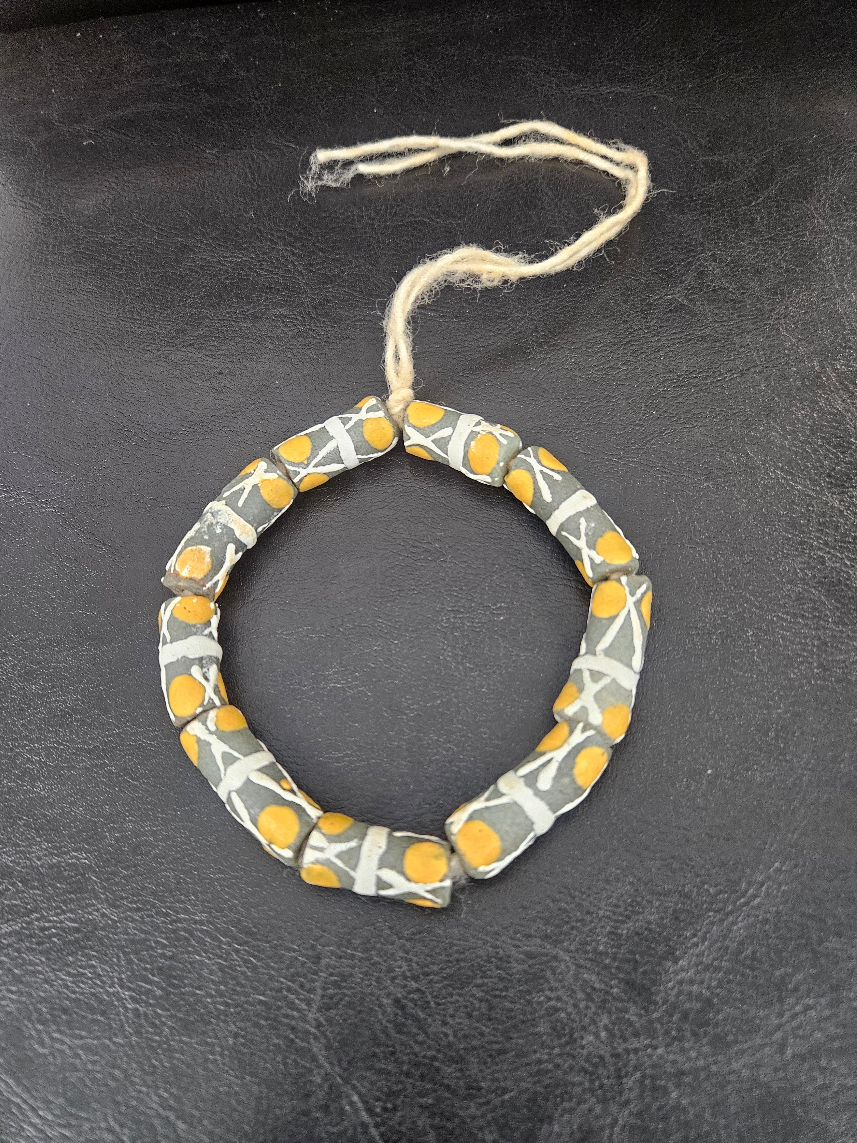 African Glass Beads – Painted Krobo Long Tubes, Green & Gold
