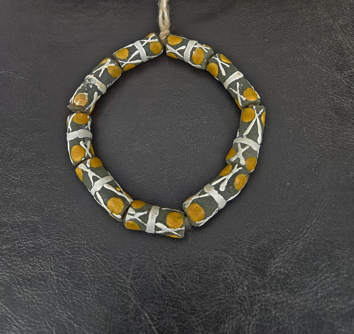 African Glass Beads – Painted Krobo Long Tubes, Green & Gold