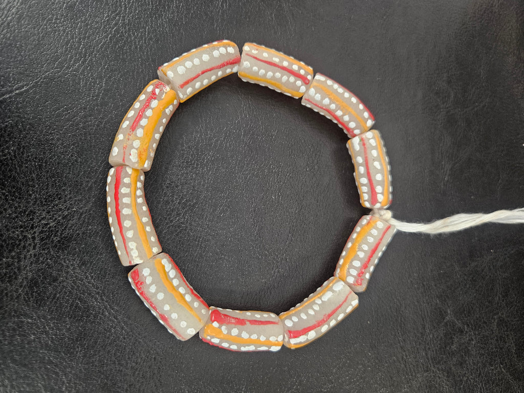 African Glass Beads – Painted Krobo Long Tubes, Gray & Coral Krobo Beads