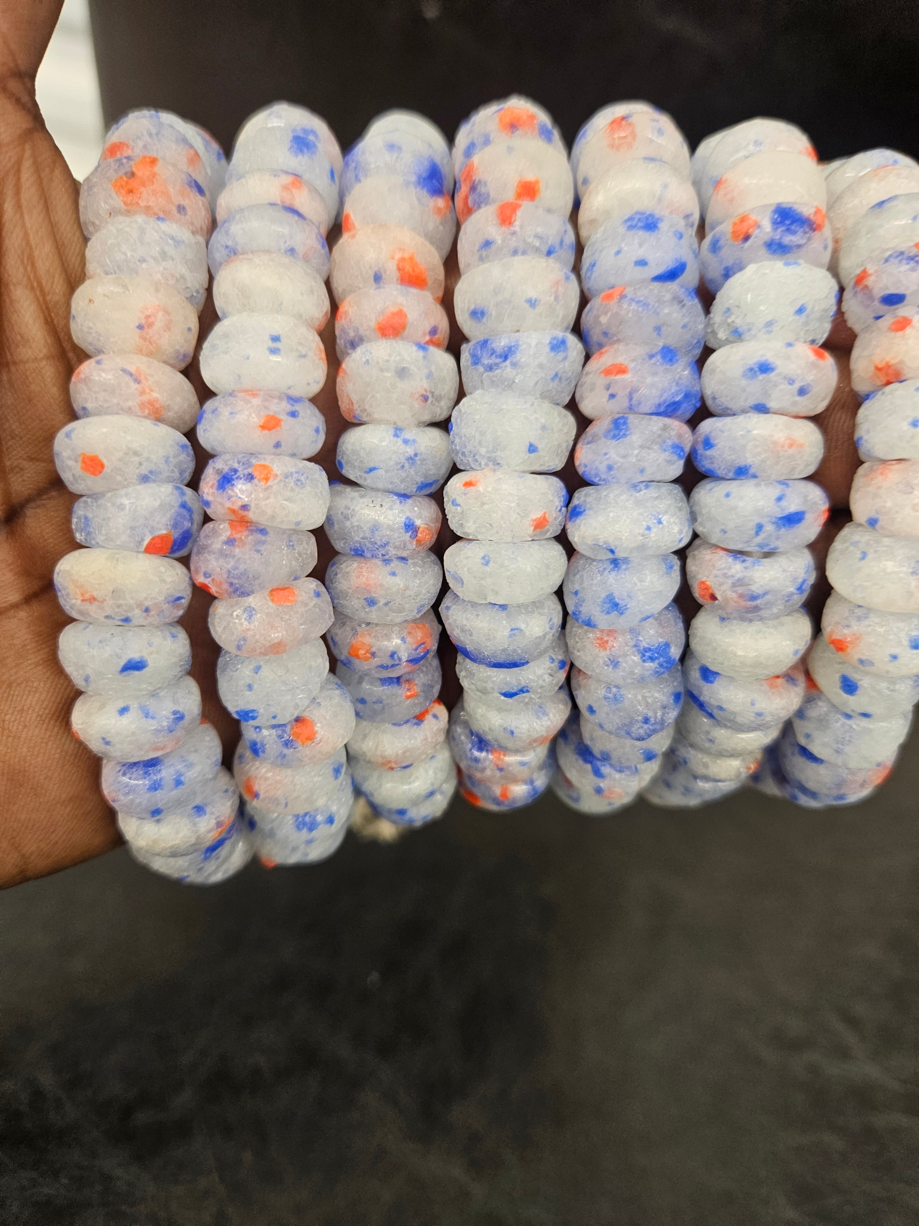 White Blue & Coral Speckled Krobo Powder Glass Beads – African Recycled Glass Short Tube Beads for Jewelry Making