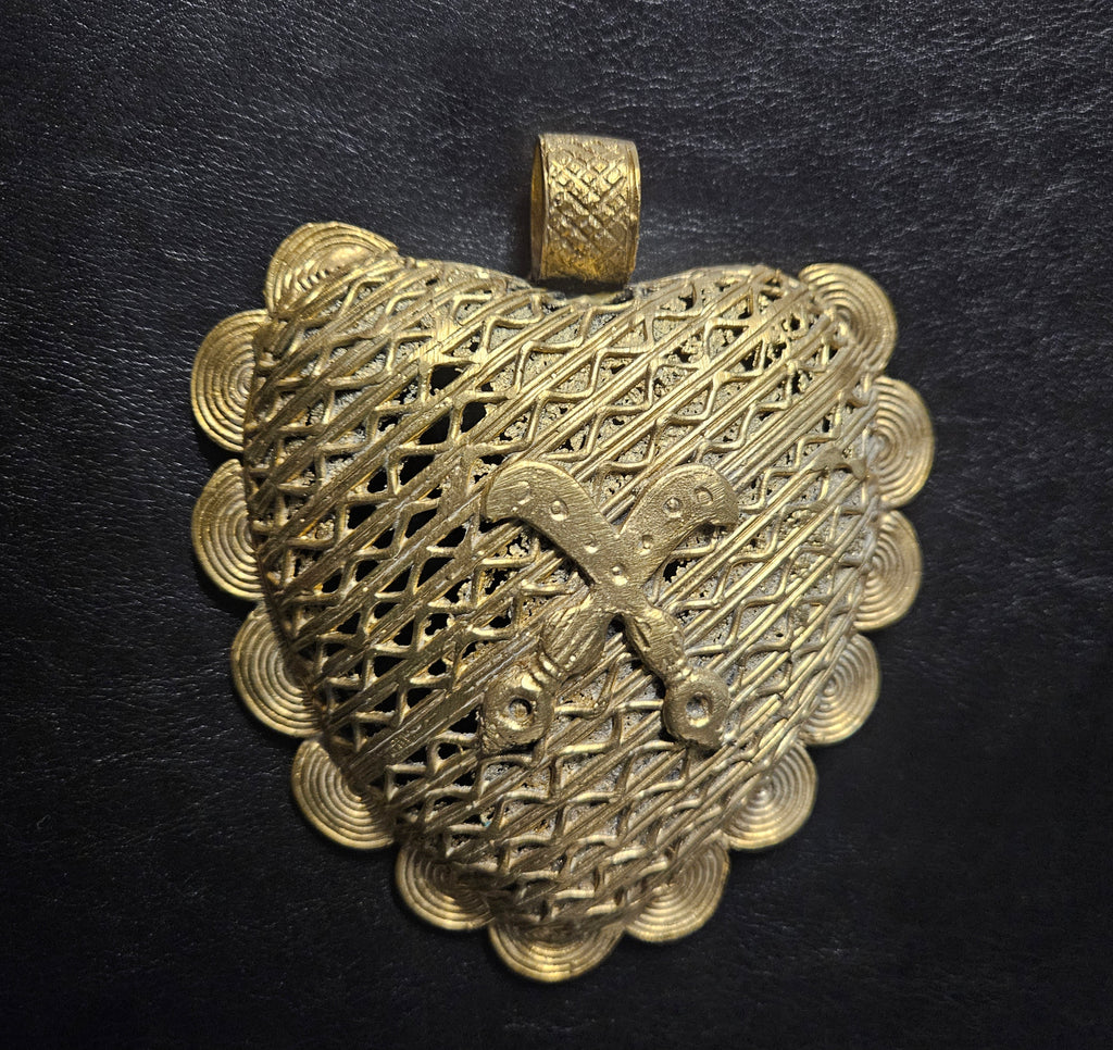 Large Akofena Ghana Brass Statement Pendant – Woven Geometric Focal