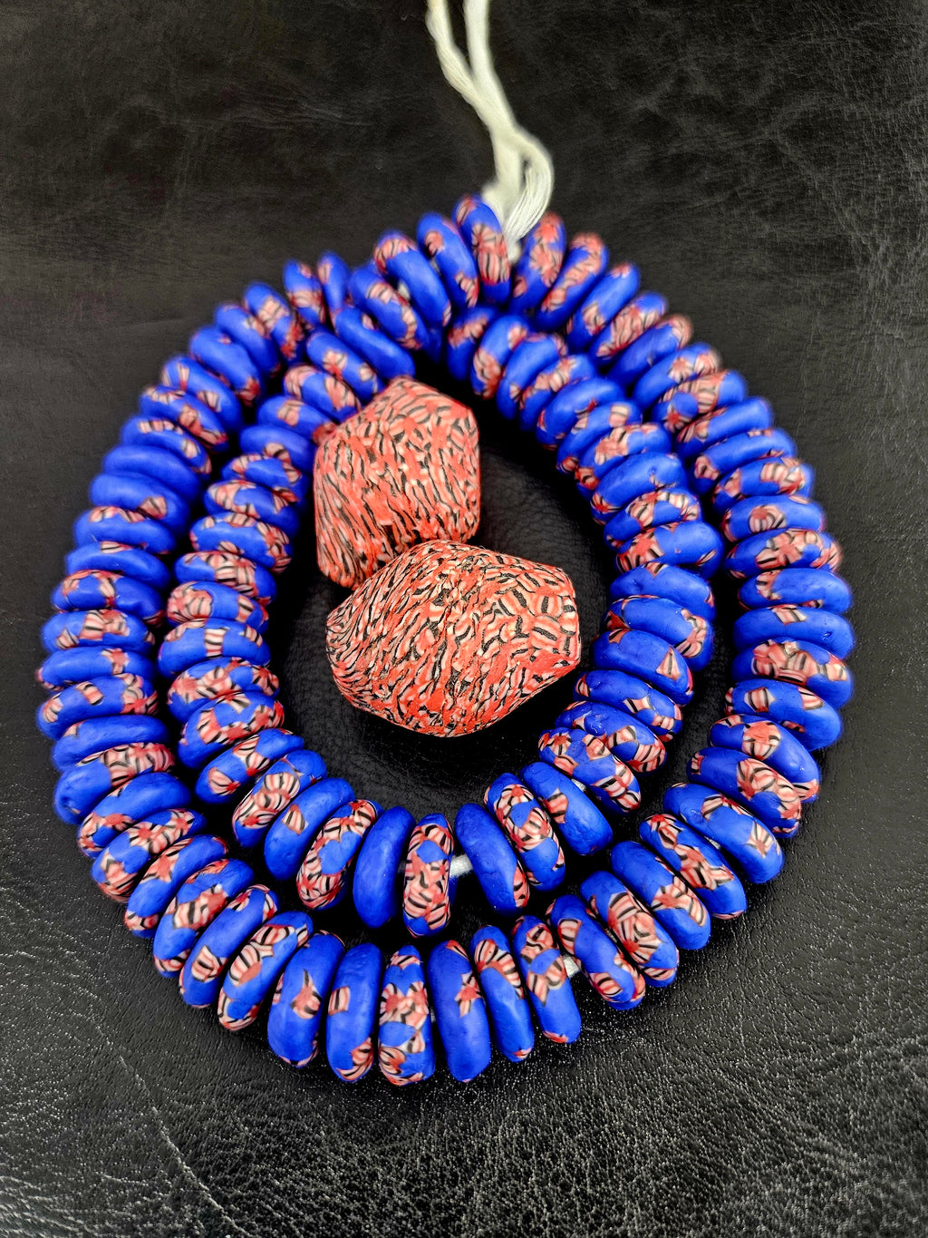 African Glass Bead Bundle – Cobalt Krobo Fused Rondelles + 2 Focal Beads