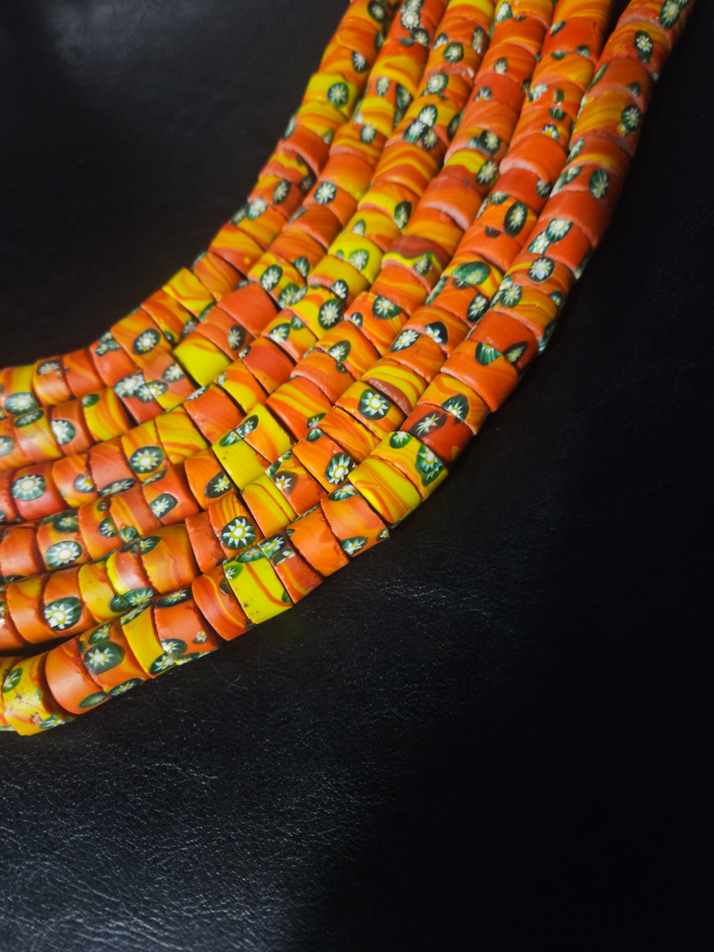 Orange Floral Trade Beads – Multicolor Pattern 8–12 × 14–15mm
