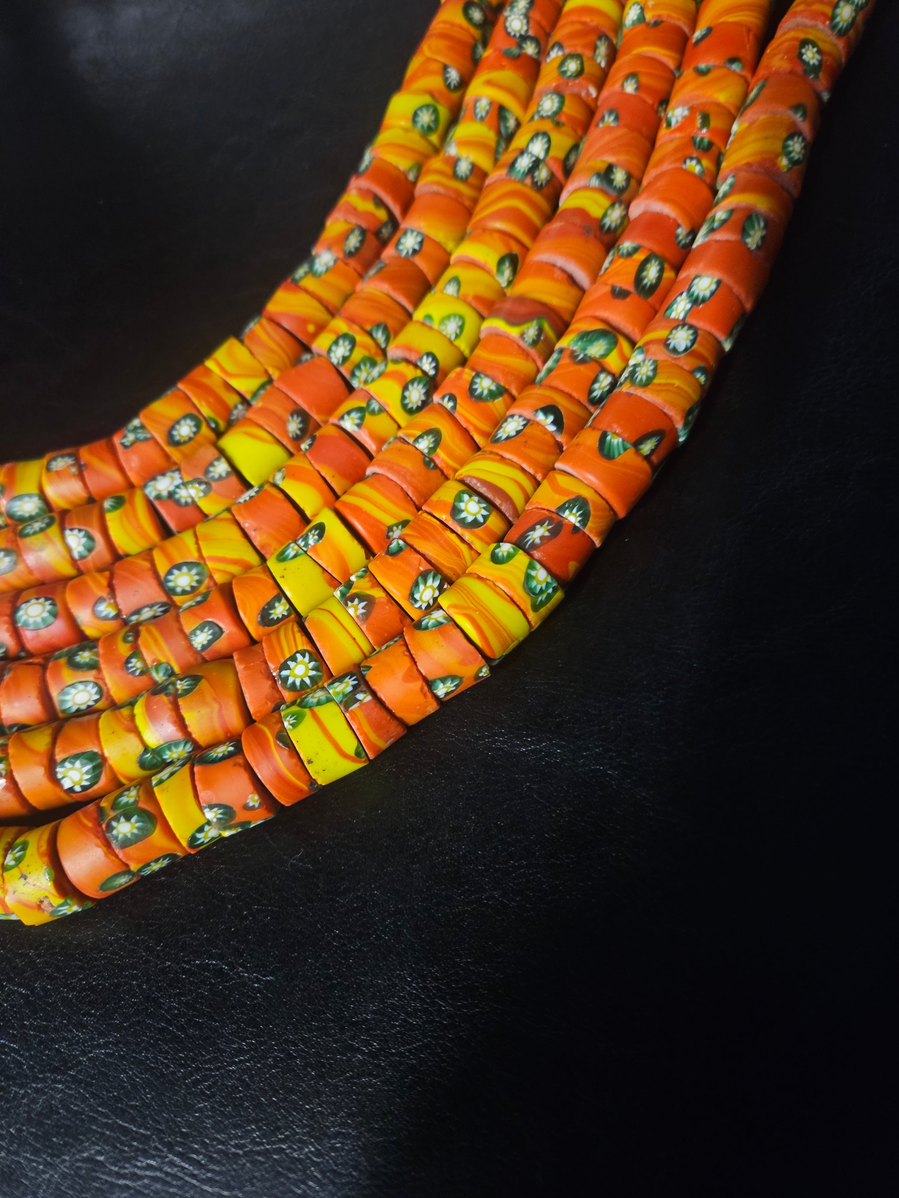 Orange Floral Trade Beads – Multicolor Pattern 8–12 × 14–15mm