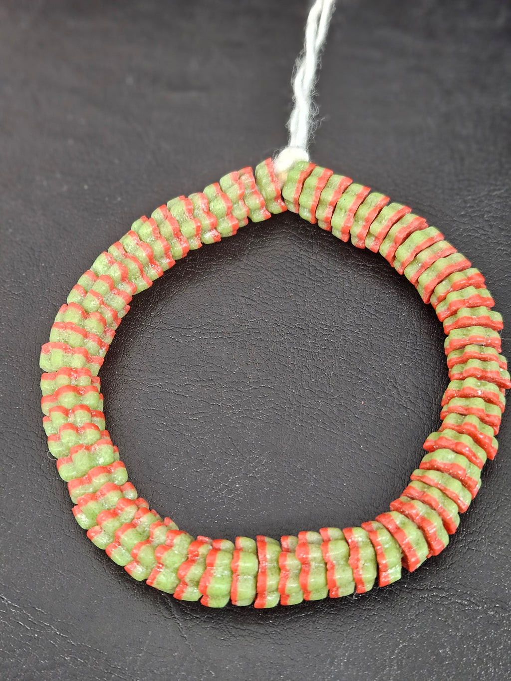 Striped Krobo Glass Spacer Beads – Green & Coral Red | Handmade Recycled Glass Beads | Ghana Artisan Craft