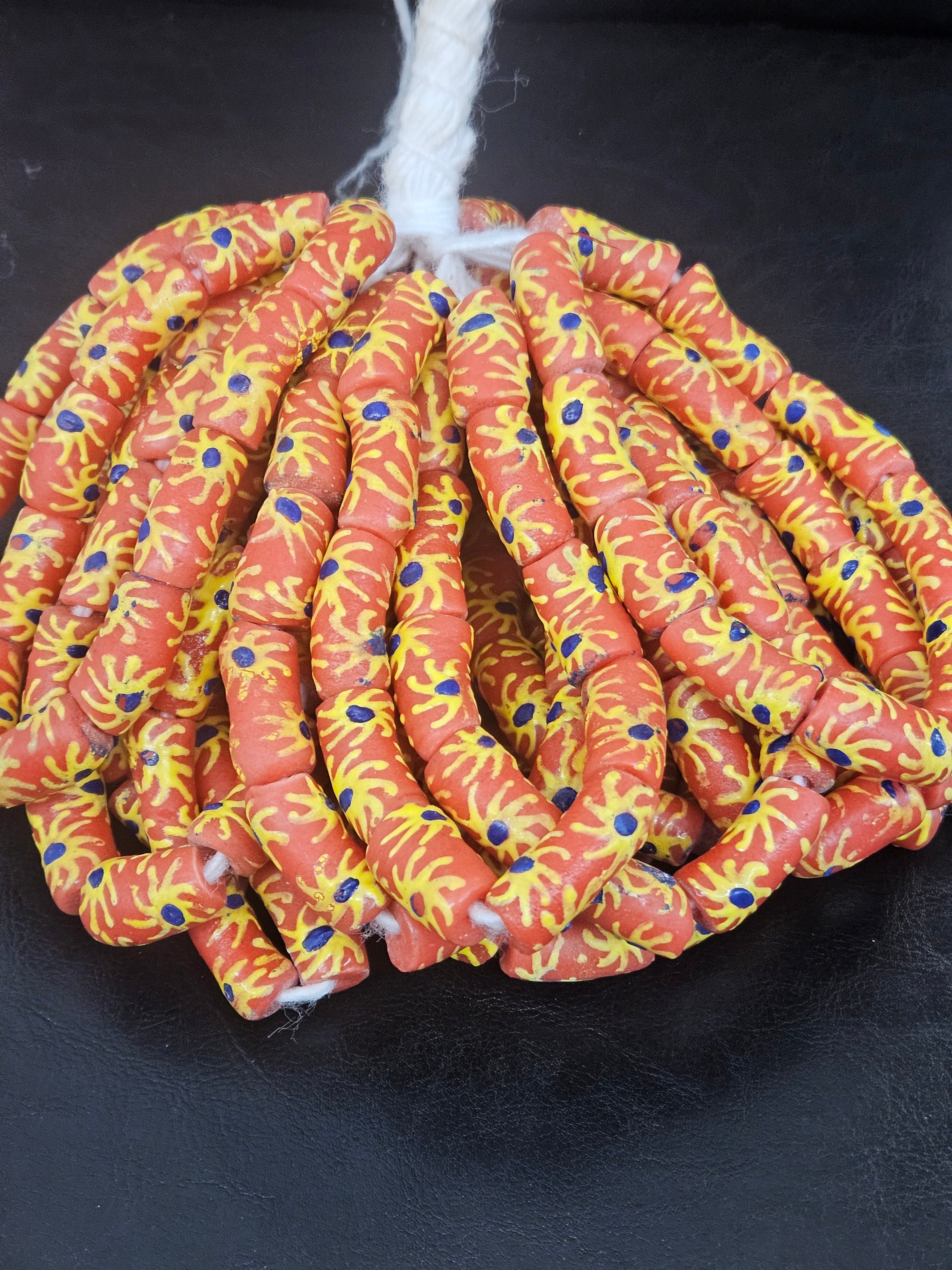 Painted Krobo Glass Tube Beads | Coral Orange Recycled Glass Tube Beads | Handmade in Ghana | 13–14×26–30mm