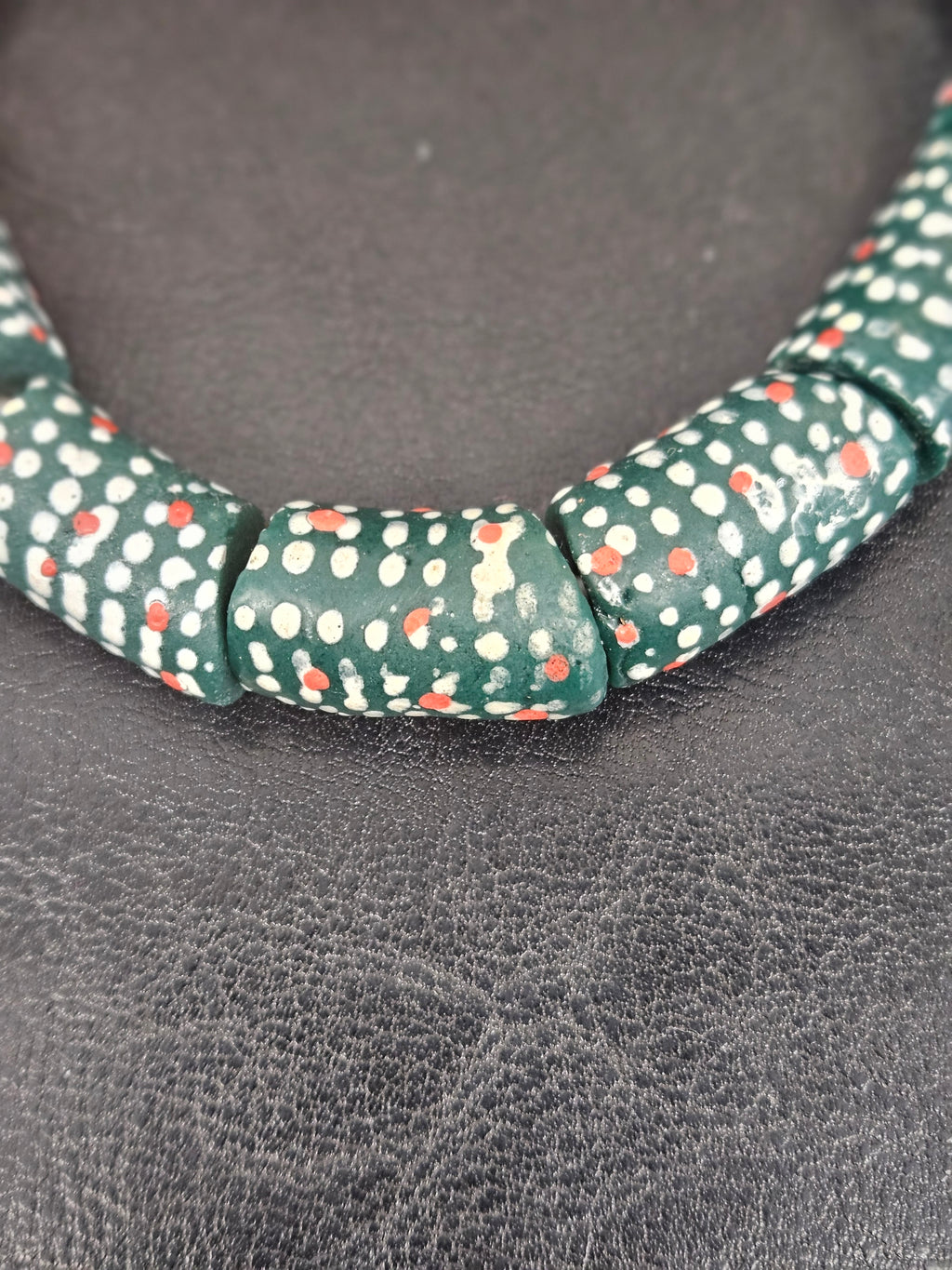 Painted Krobo Glass Beads | Green Red & White Polka Dot Long Tube Beads | Handcrafted Ghana Recycled Glass Beads