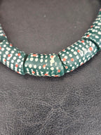 Painted Krobo Glass Beads | Green Red & White Polka Dot Long Tube Beads | Handcrafted Ghana Recycled Glass Beads