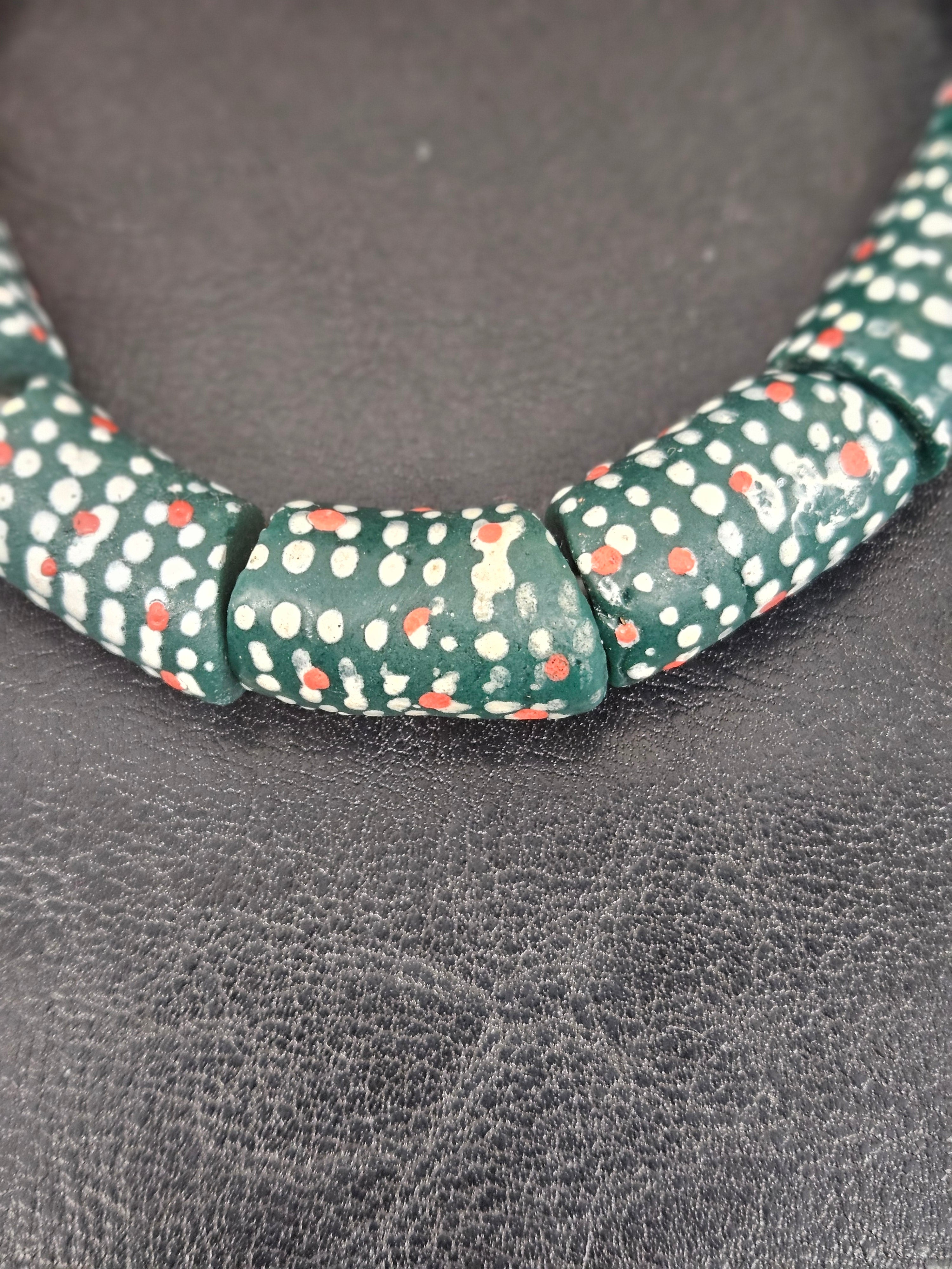 Painted Krobo Glass Beads | Green Red & White Polka Dot Long Tube Beads | Handcrafted Ghana Recycled Glass Beads