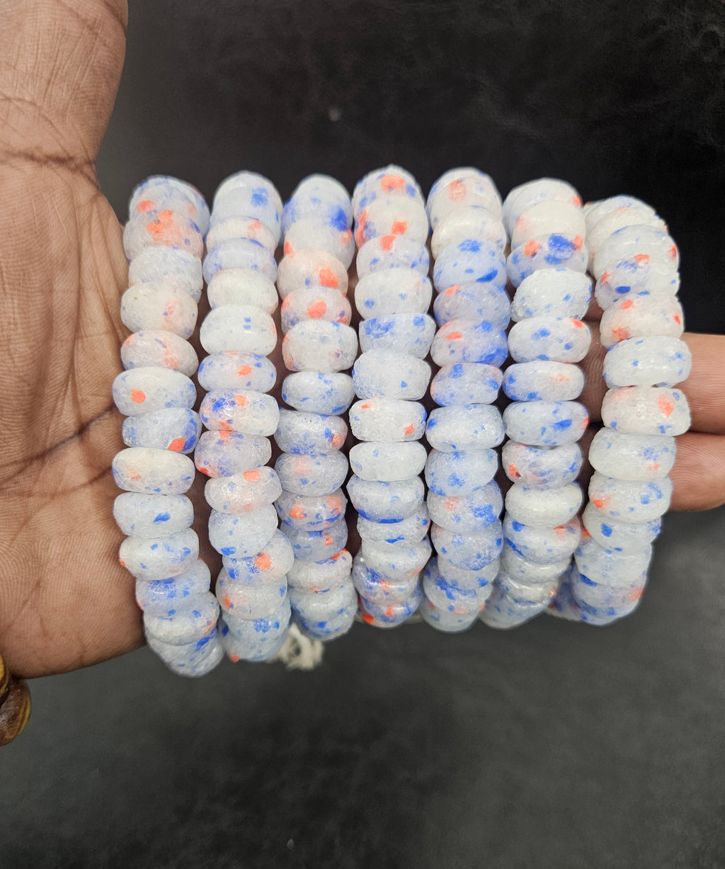 White Blue & Coral Speckled Krobo Powder Glass Beads – African Recycled Glass Short Tube Beads for Jewelry Making