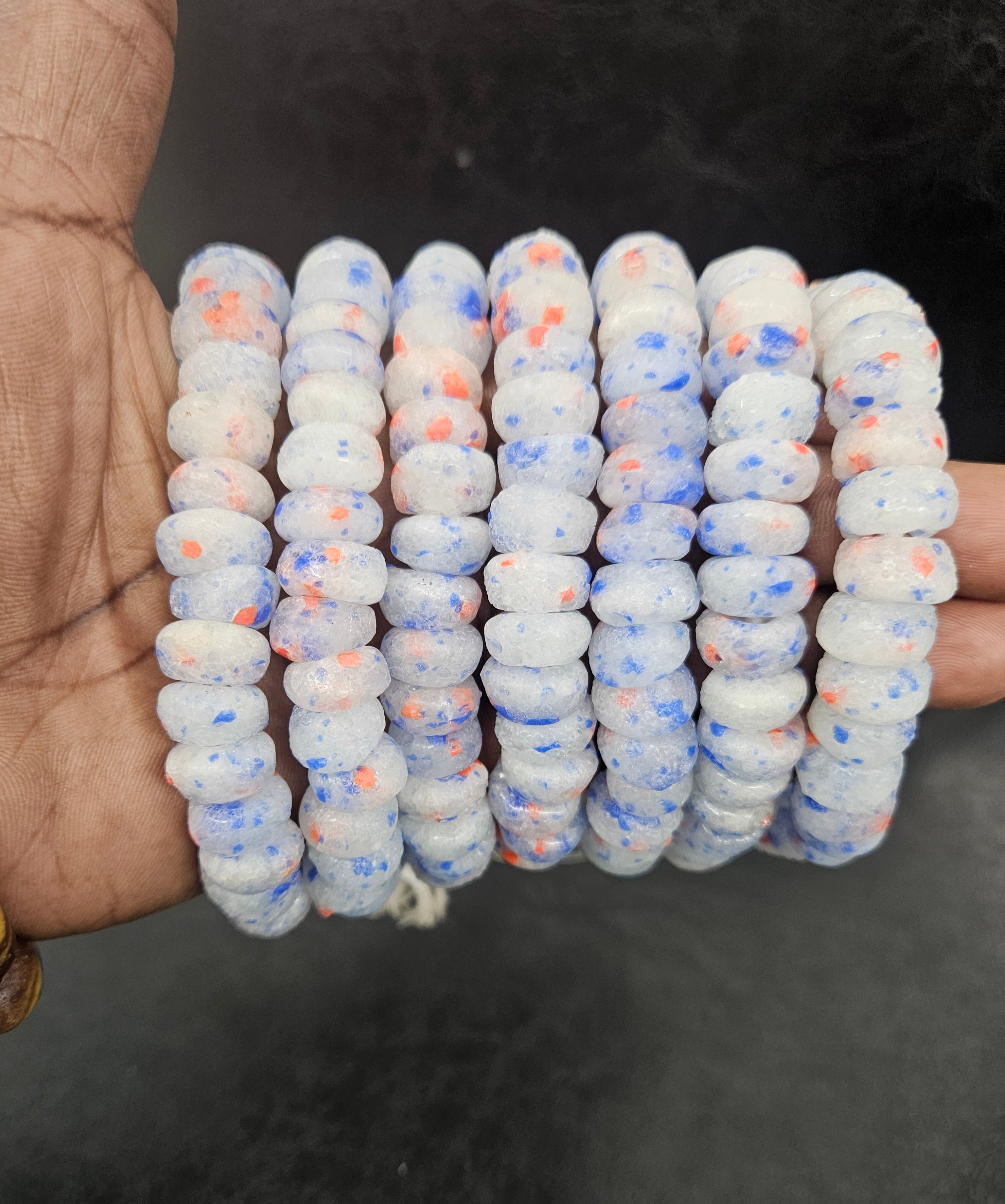 White Blue & Coral Speckled Krobo Powder Glass Beads – African Recycled Glass Short Tube Beads for Jewelry Making