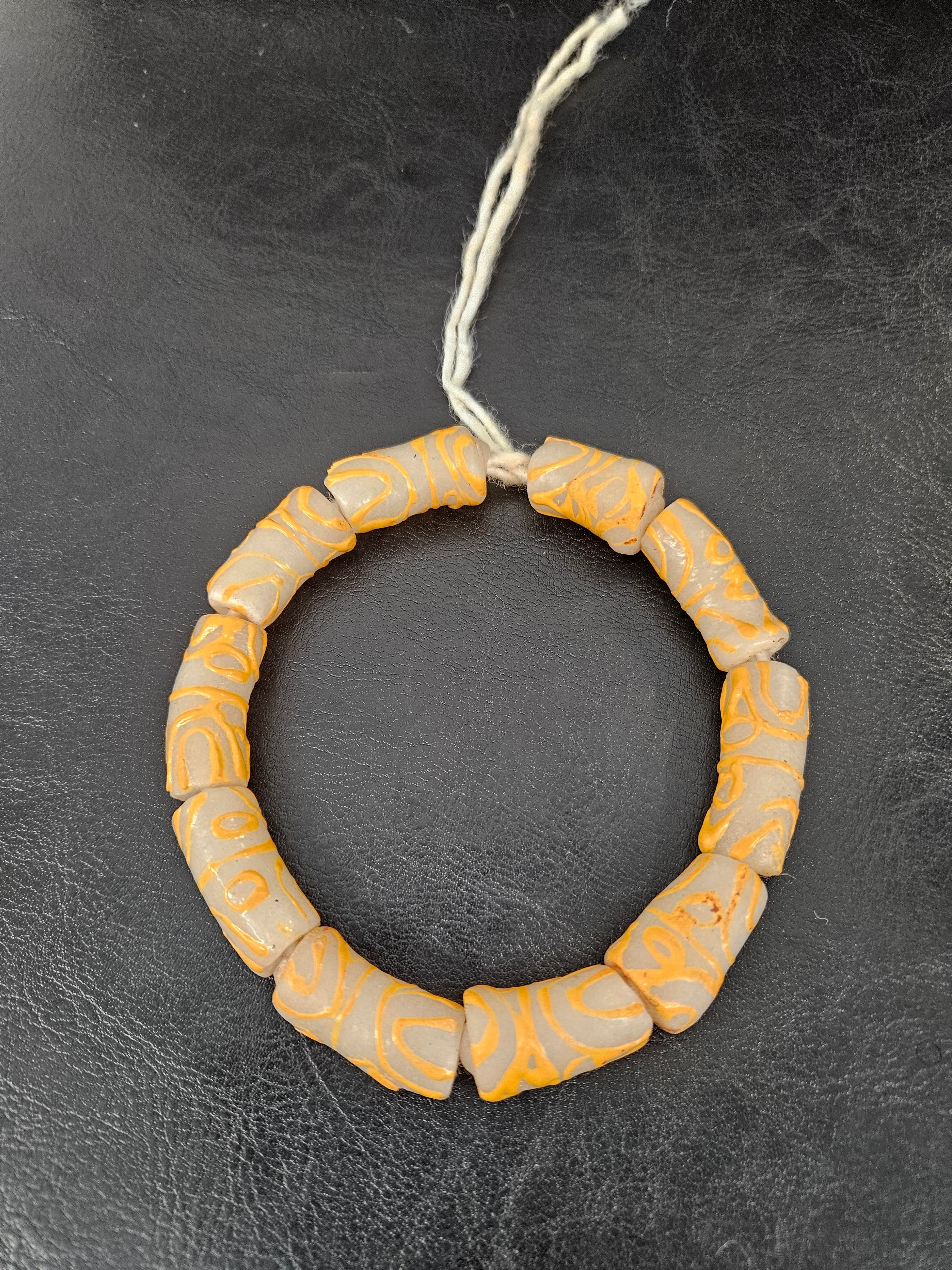 African Glass Beads – Painted Krobo Long Tubes, Frosty White & Gold Beads