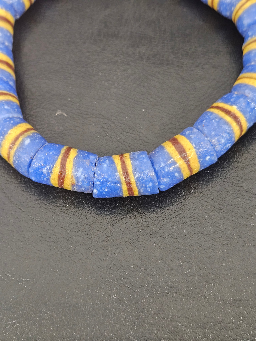 Blue Striped Krobo Kente Glass Beads | Handcrafted Powdered Glass Beads from Ghana | Approx. 17 Beads