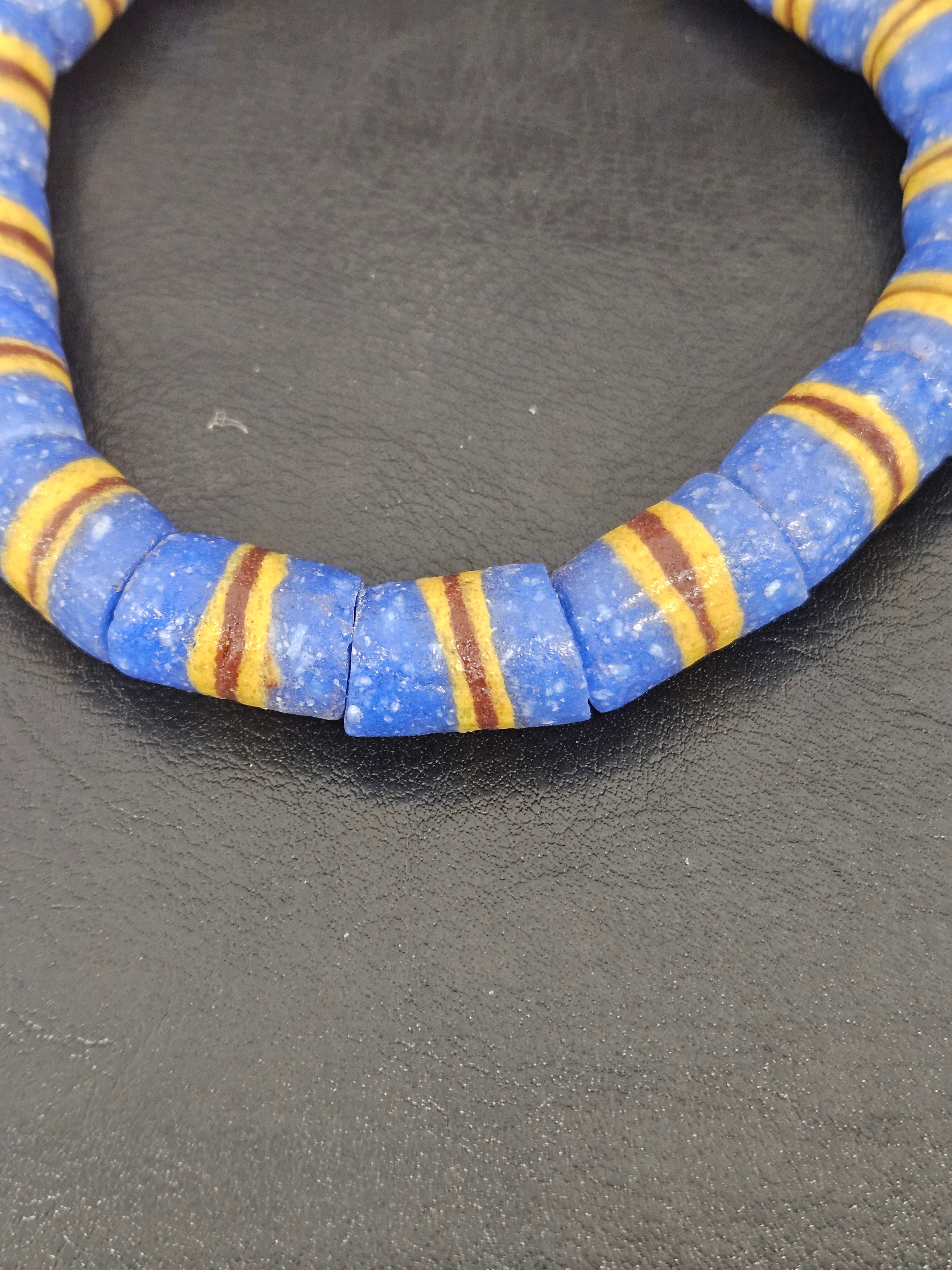 Blue Striped Krobo Kente Glass Beads | Handcrafted Powdered Glass Beads from Ghana | Approx. 17 Beads