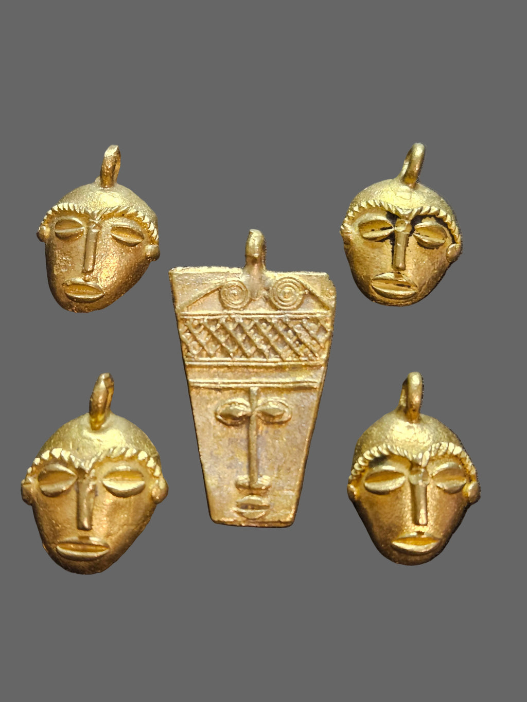 Ashanti Brass Mask Pendant Set – 5 Handcrafted Ghanaian Heritage Masks