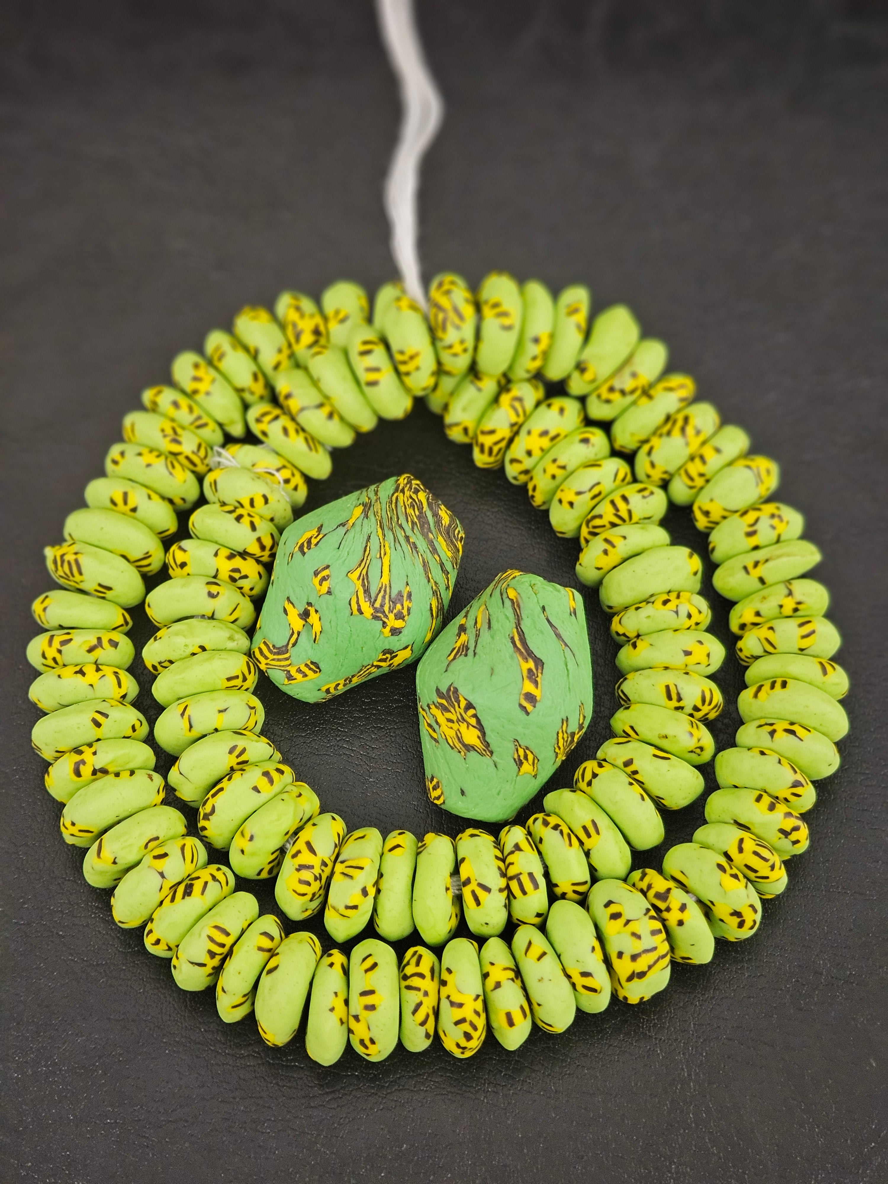 Green African Glass Beads Bundle – Krobo Rondelles + Bicone Focals