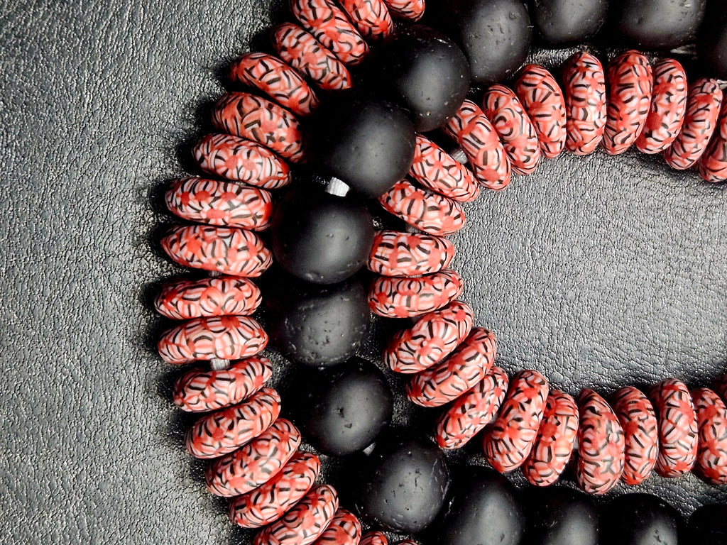 AADAMPO Curator Bundle™ | Coral Hand-Painted Krobo Rondelle Glass Beads & Matte Black Pocket Glass Beads | Handmade in Ghana