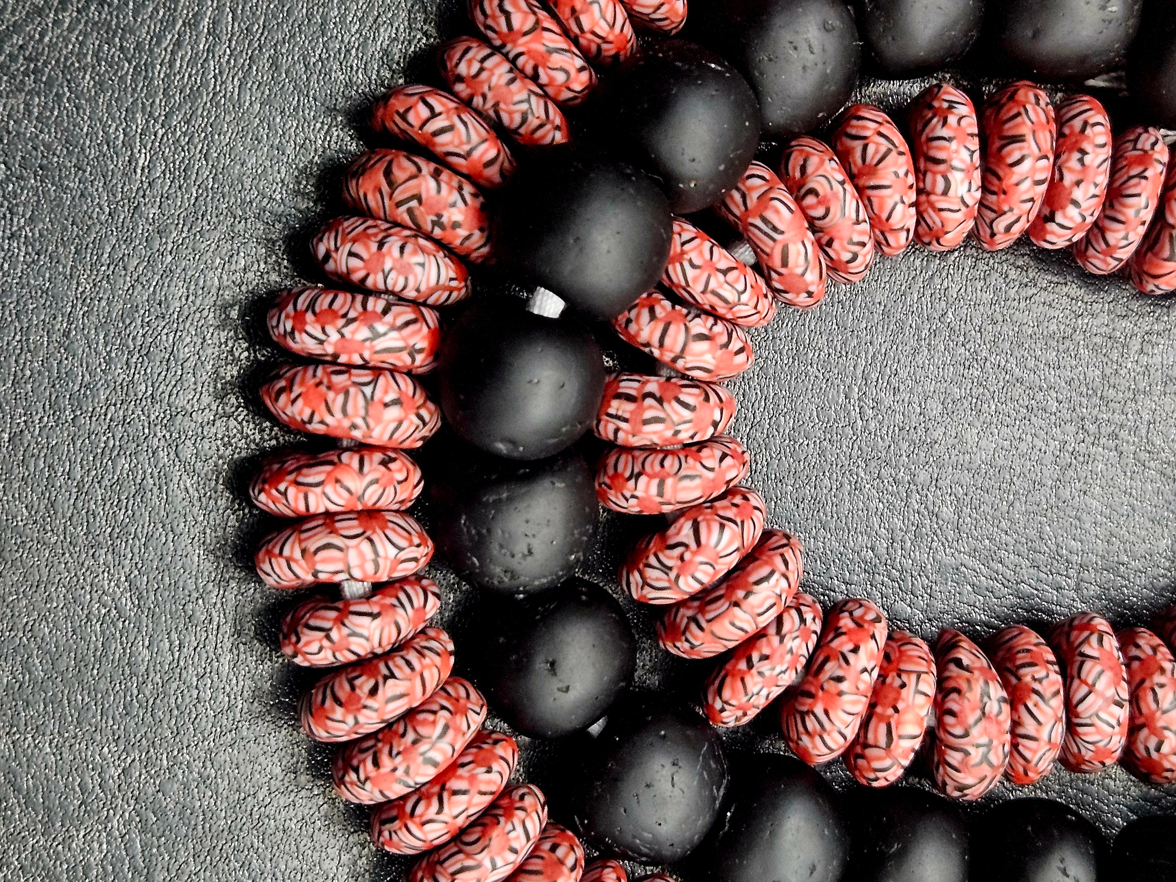AADAMPO Curator Bundle™ | Coral Hand-Painted Krobo Rondelle Glass Beads & Matte Black Pocket Glass Beads | Handmade in Ghana