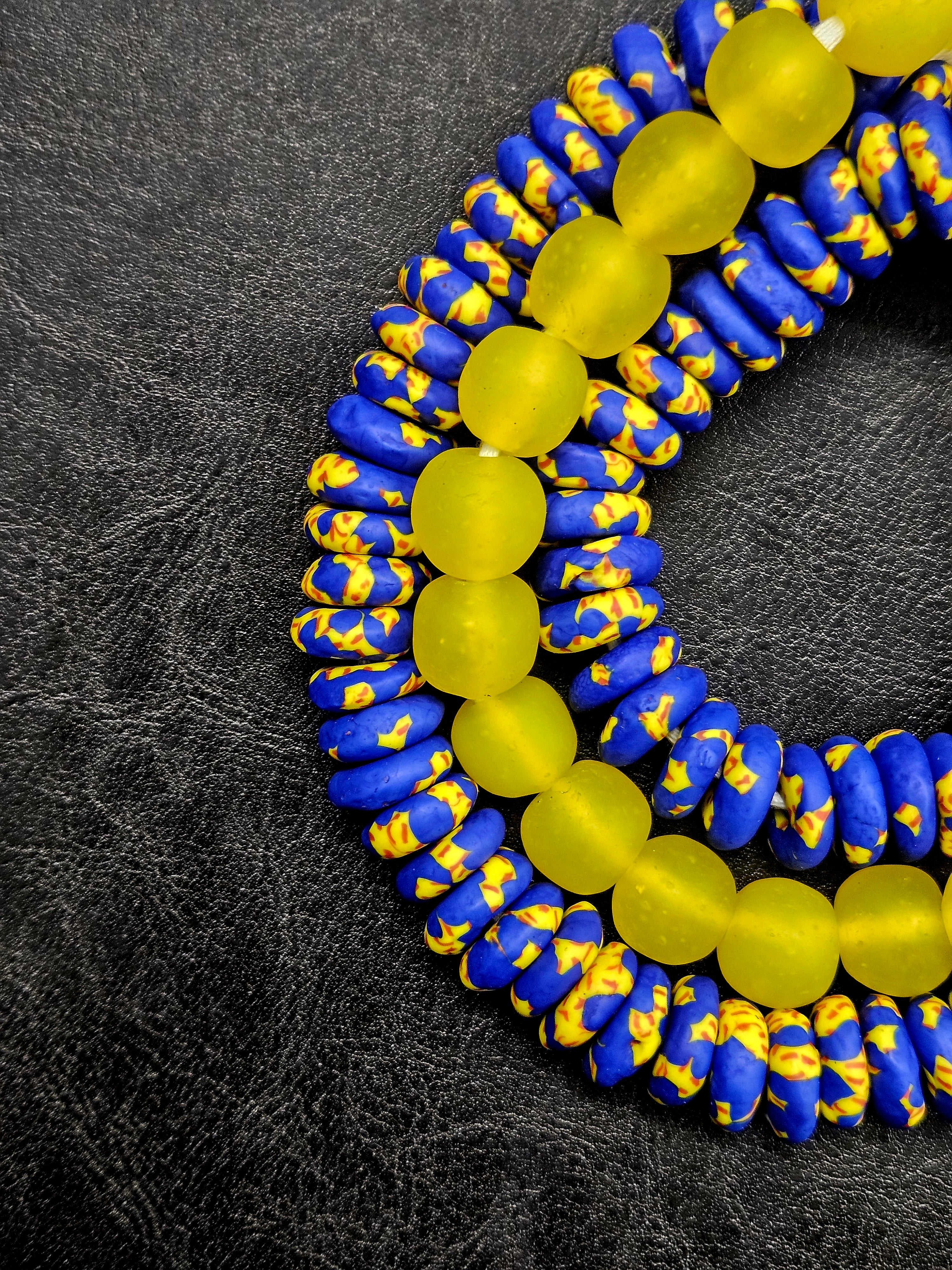 Royal Blue Hand-Painted Krobo Rondelle Glass Beads & Sunshine Yellow Pocket Glass Beads | Handmade in Ghana