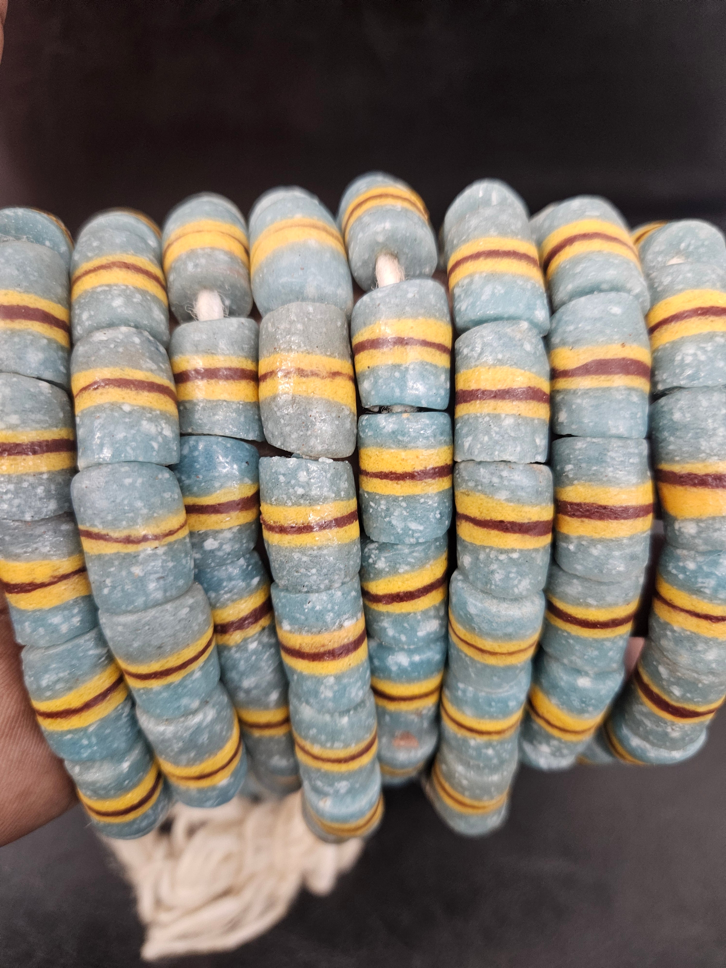 Light Blue Striped Krobo Kente Glass Beads | Handcrafted Powdered Glass Beads from Ghana | Approx. 17 Beads