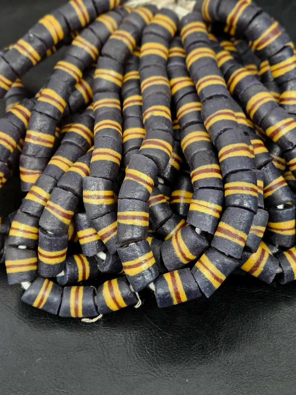 Black Striped Krobo Kente Glass Beads | Handcrafted Powdered Glass Beads from Ghana | Approx. 17 Beads