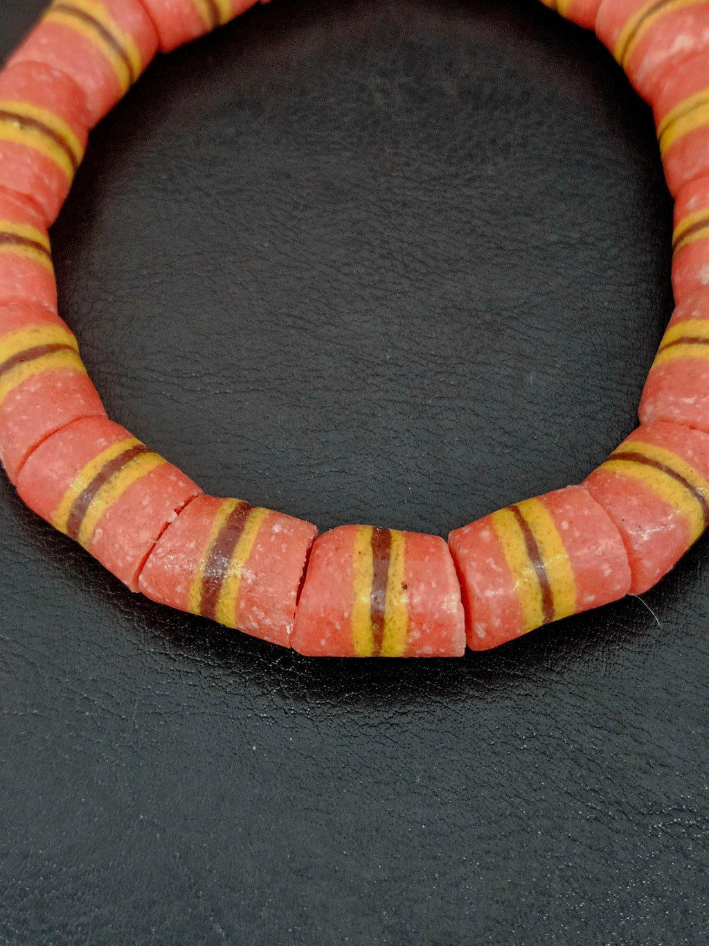 Red Striped Krobo Kente Glass Beads | Handcrafted Powdered Glass Beads from Ghana | Approx. 17 Beads
