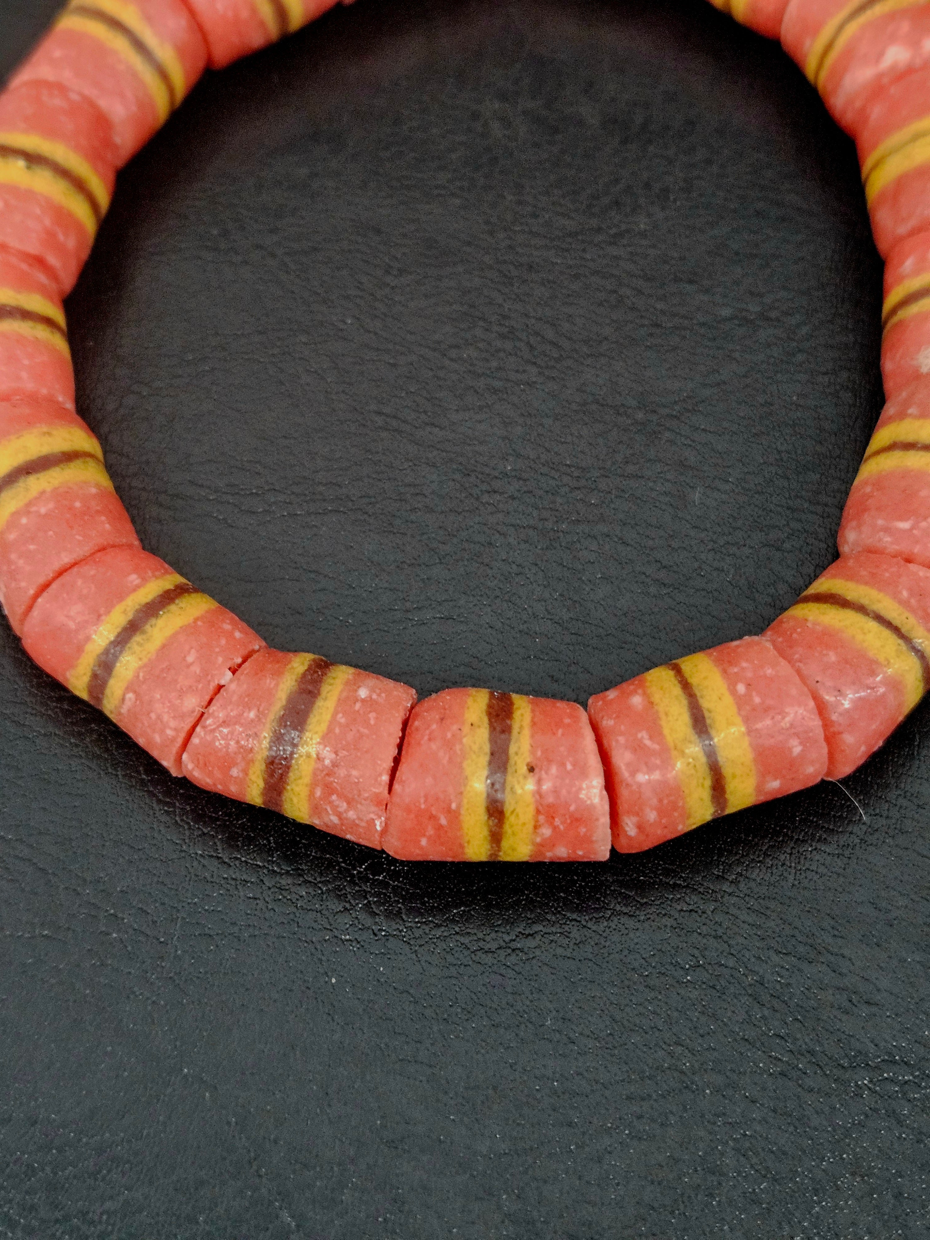 Red Striped Krobo Kente Glass Beads | Handcrafted Powdered Glass Beads from Ghana | Approx. 17 Beads