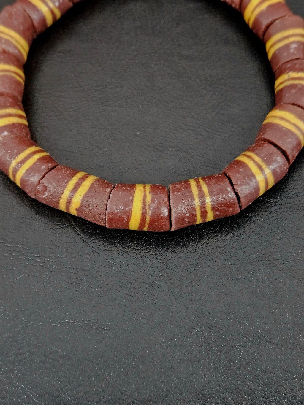 Brown Striped Krobo Kente Glass Beads | Handcrafted Powdered Glass Beads from Ghana | Approx. 17 Beads