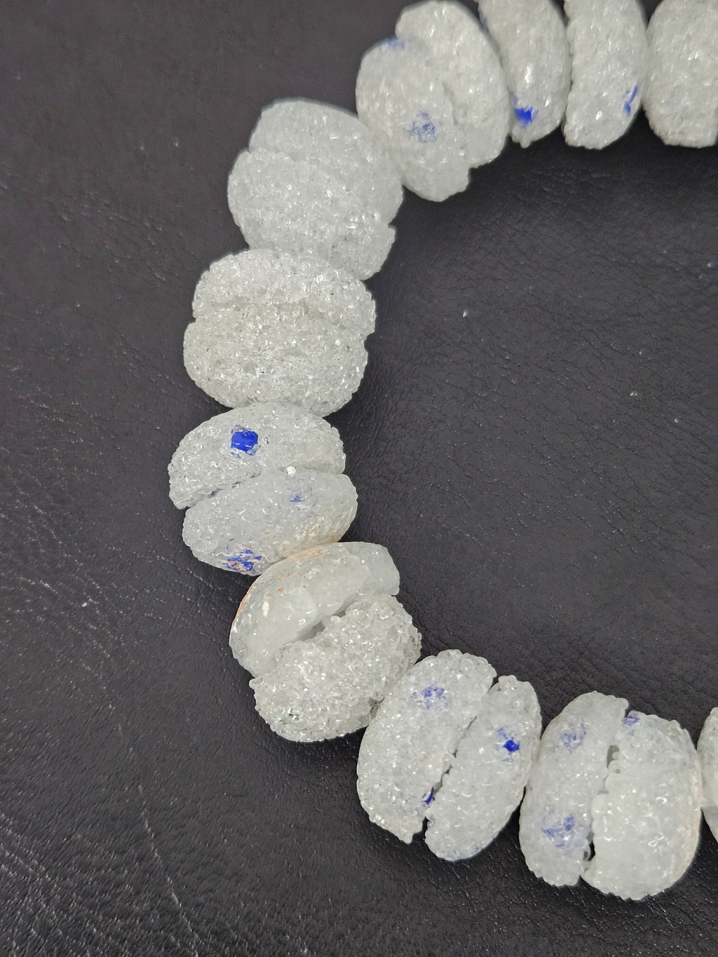 White & Blue Speckled Krobo Sugar Glass Rondelle Beads | Handcrafted Recycled Glass Beads from Ghana | Approx. 30 Beads Per Strand