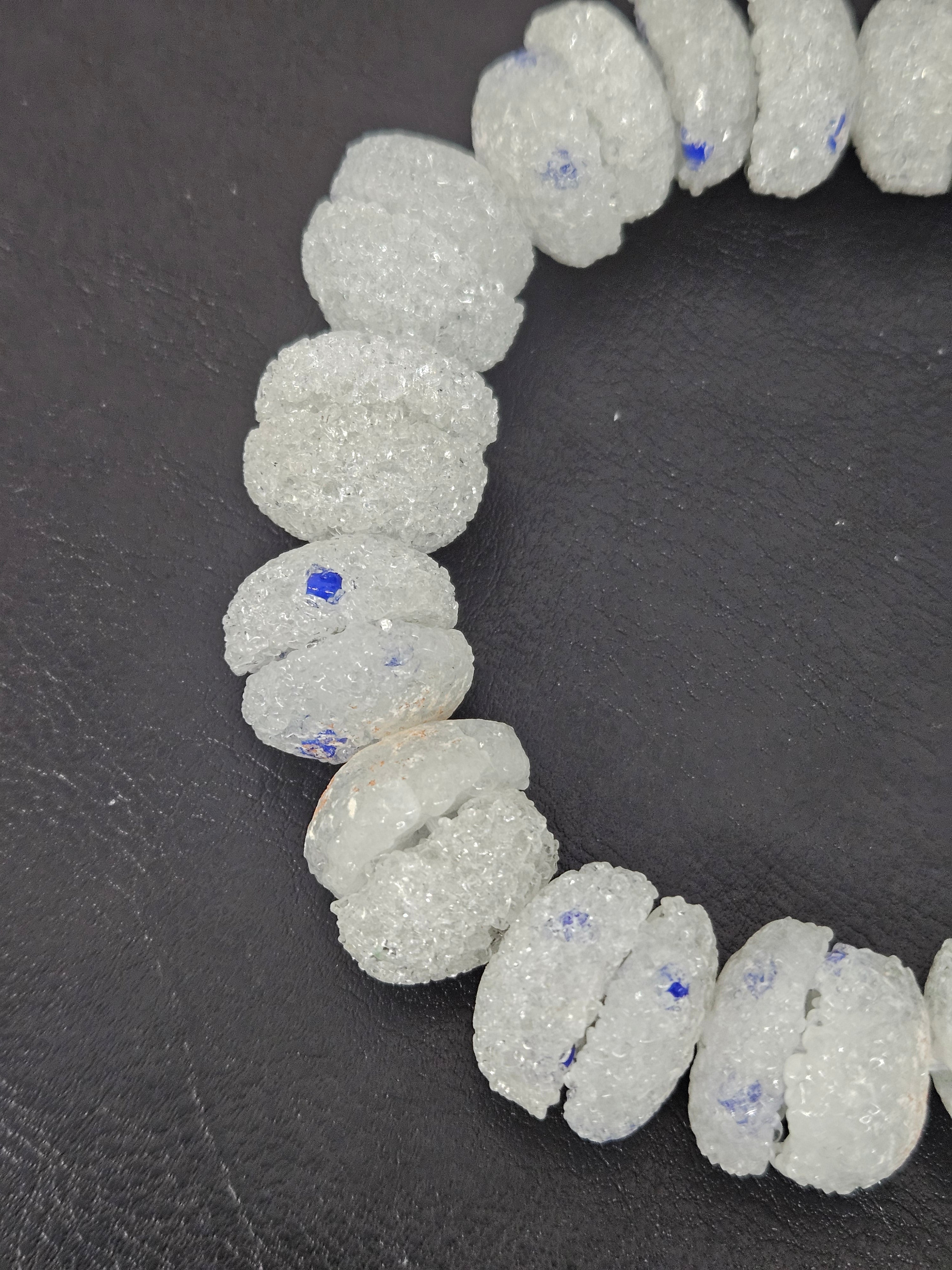White & Blue Speckled Krobo Sugar Glass Rondelle Beads | Handcrafted Recycled Glass Beads from Ghana | Approx. 30 Beads Per Strand