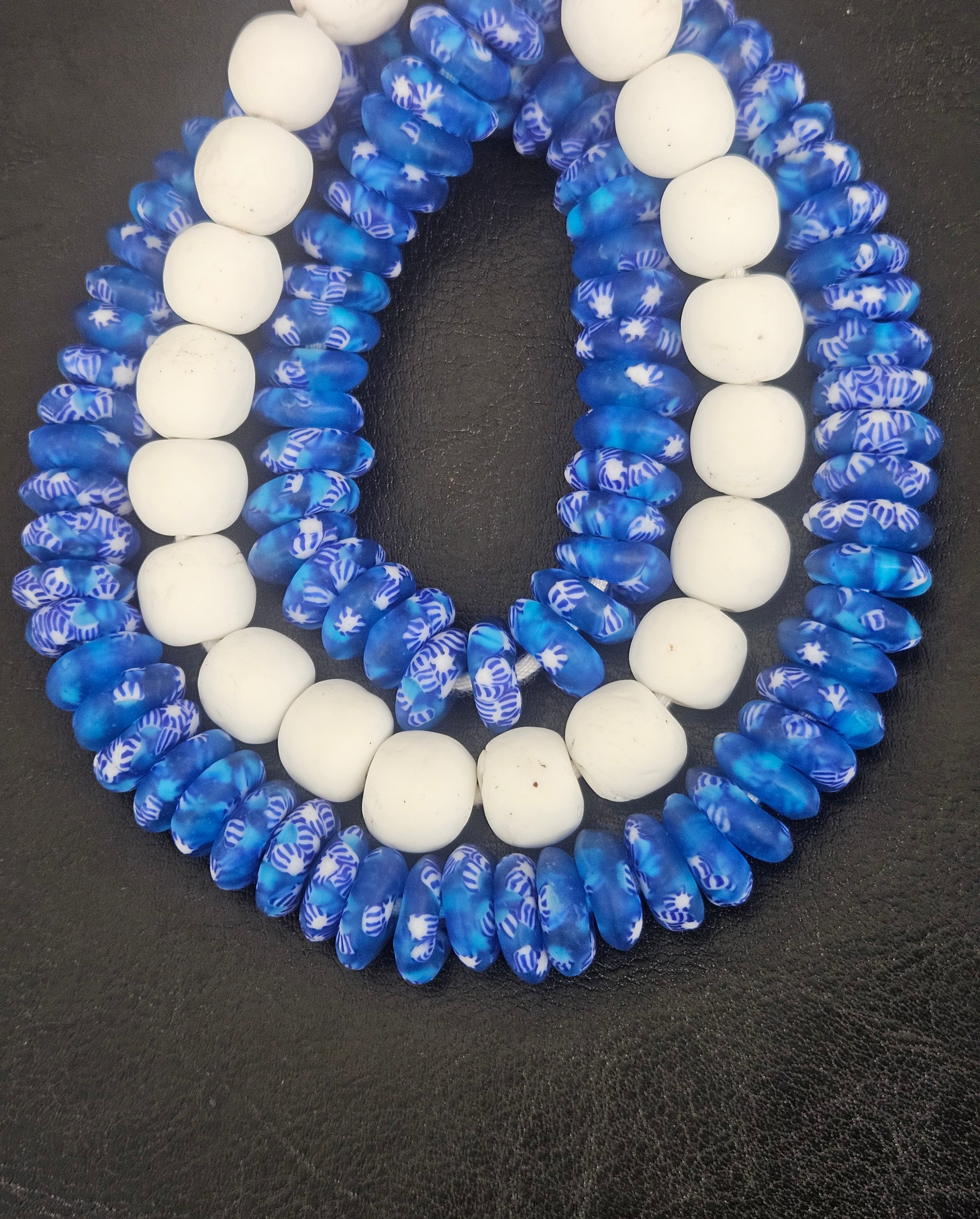 Blue & White African Glass Bead Bundle: Hand-Painted Krobo Rondelle and White Pocket Beads from Ghana