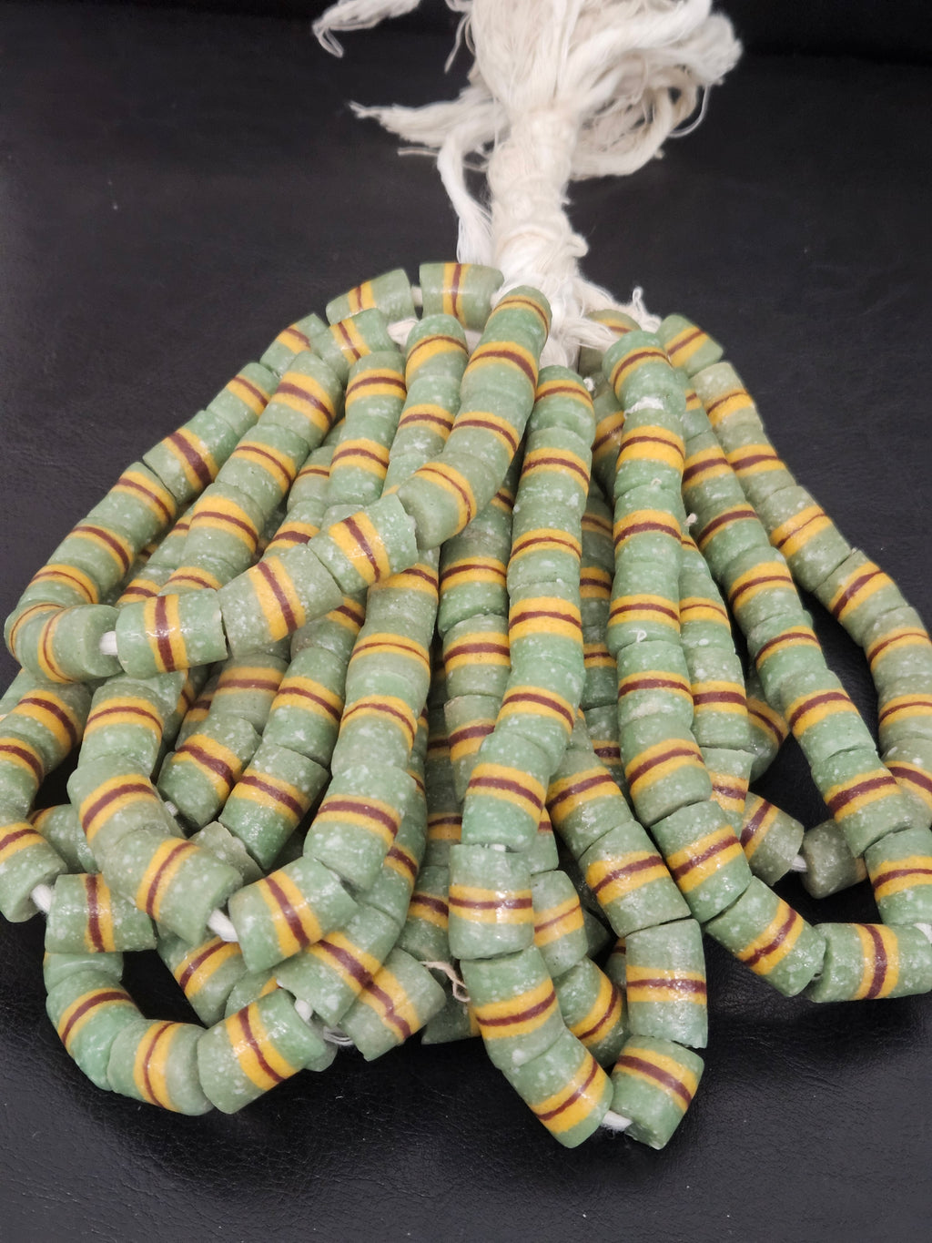 Green Striped Krobo Kente Glass Beads | Handcrafted Powdered Glass Beads from Ghana | Approx. 17 Beads