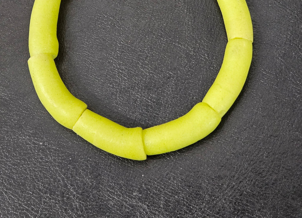 Lime Green Krobo Powdered Glass Tube Beads • Handmade Recycled Glass • Ghana • Large Hole • 10–12 × 24–30 mm