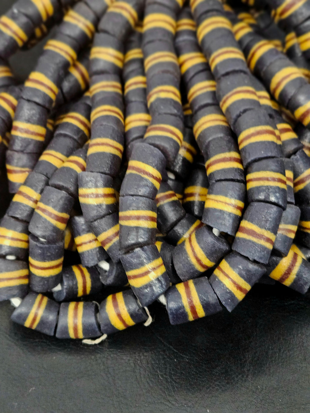 Black Striped Krobo Kente Glass Beads | Handcrafted Powdered Glass Beads from Ghana | Approx. 17 Beads