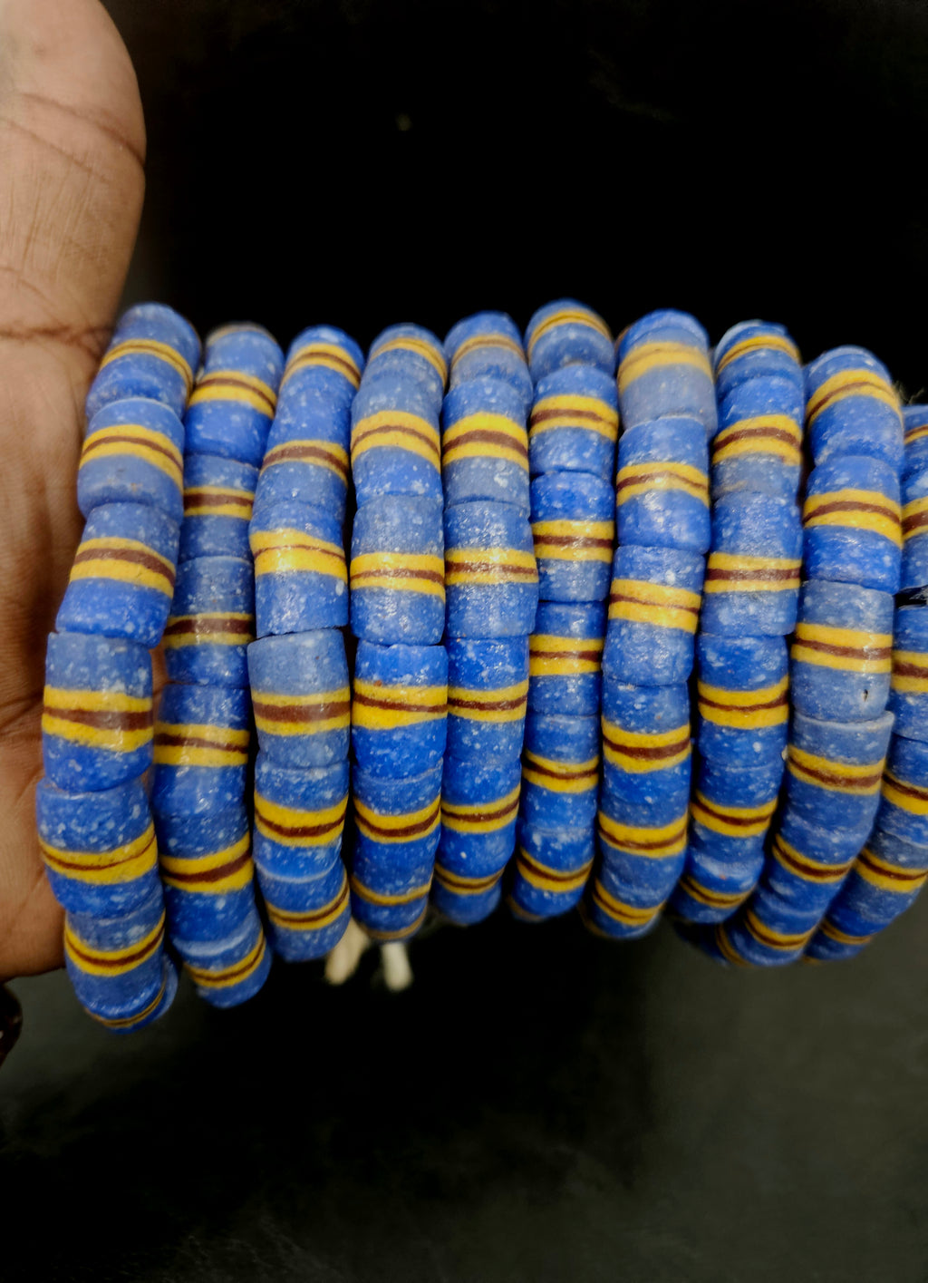 Blue Striped Krobo Kente Glass Beads | Handcrafted Powdered Glass Beads from Ghana | Approx. 17 Beads