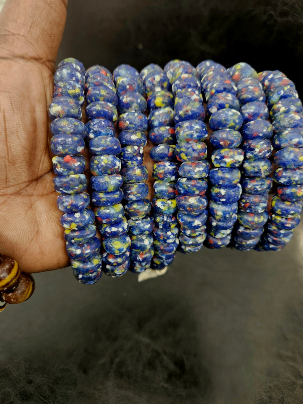 Krobo Powdered Glass Beads – Blue Speckled African Recycled Glass Short Tube Beads (32–33 Beads, 7–9×13–14mm) | Aadampo African Beads