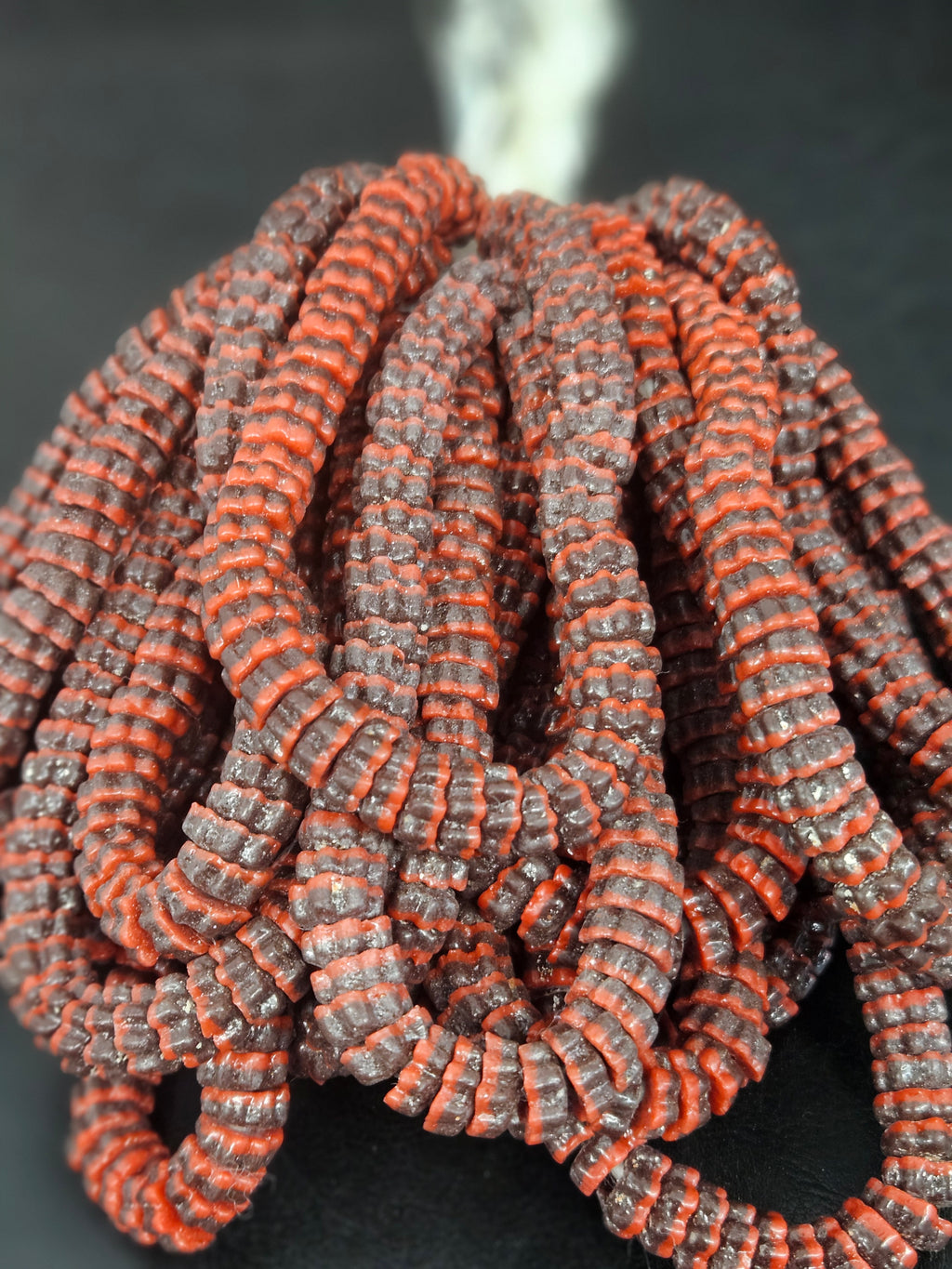 Brown & Coral Red Krobo Glass Spacer Beads | Handcrafted Recycled Glass Beads from Ghana