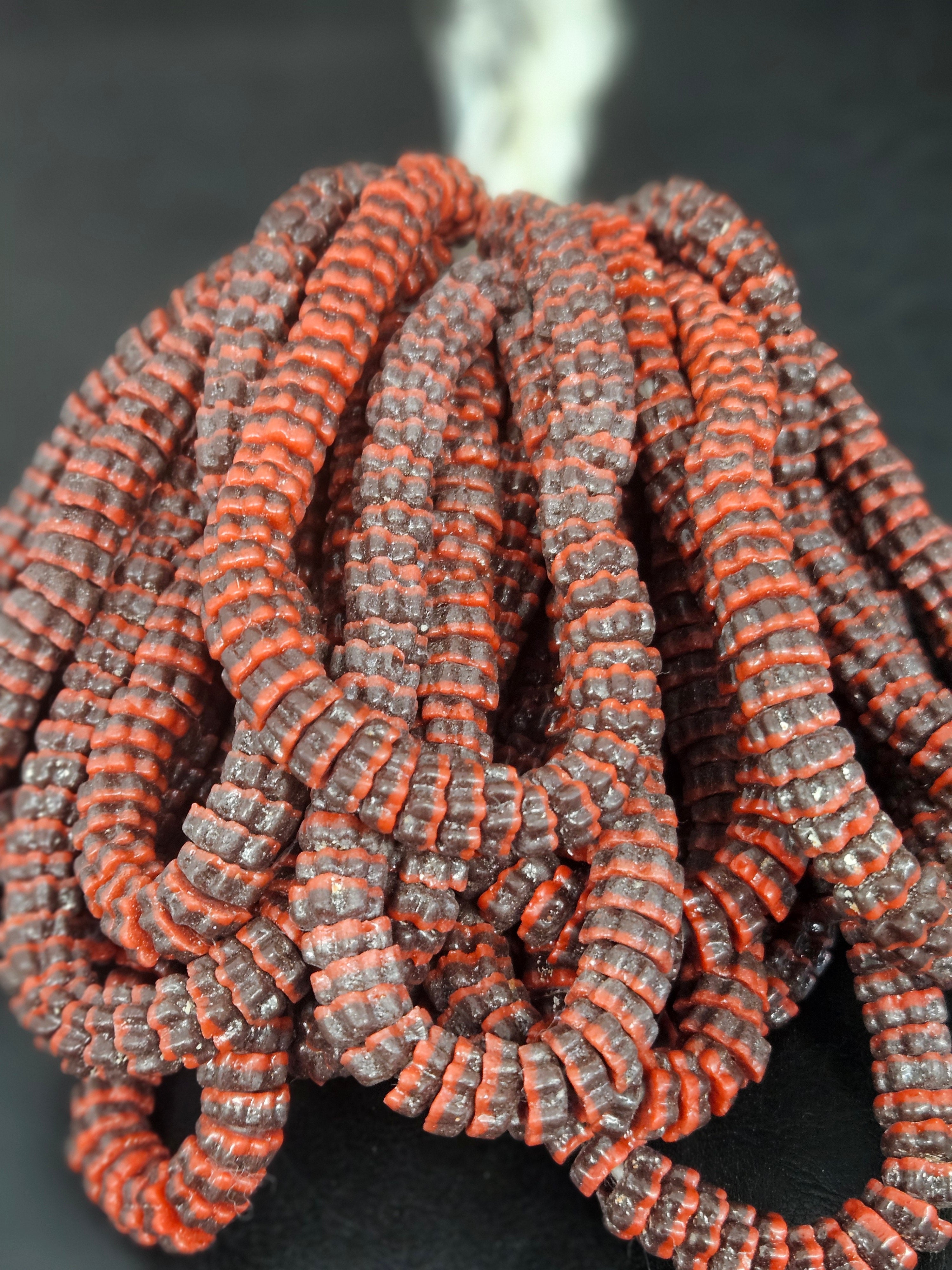 Brown & Coral Red Krobo Glass Spacer Beads | Handcrafted Recycled Glass Beads from Ghana