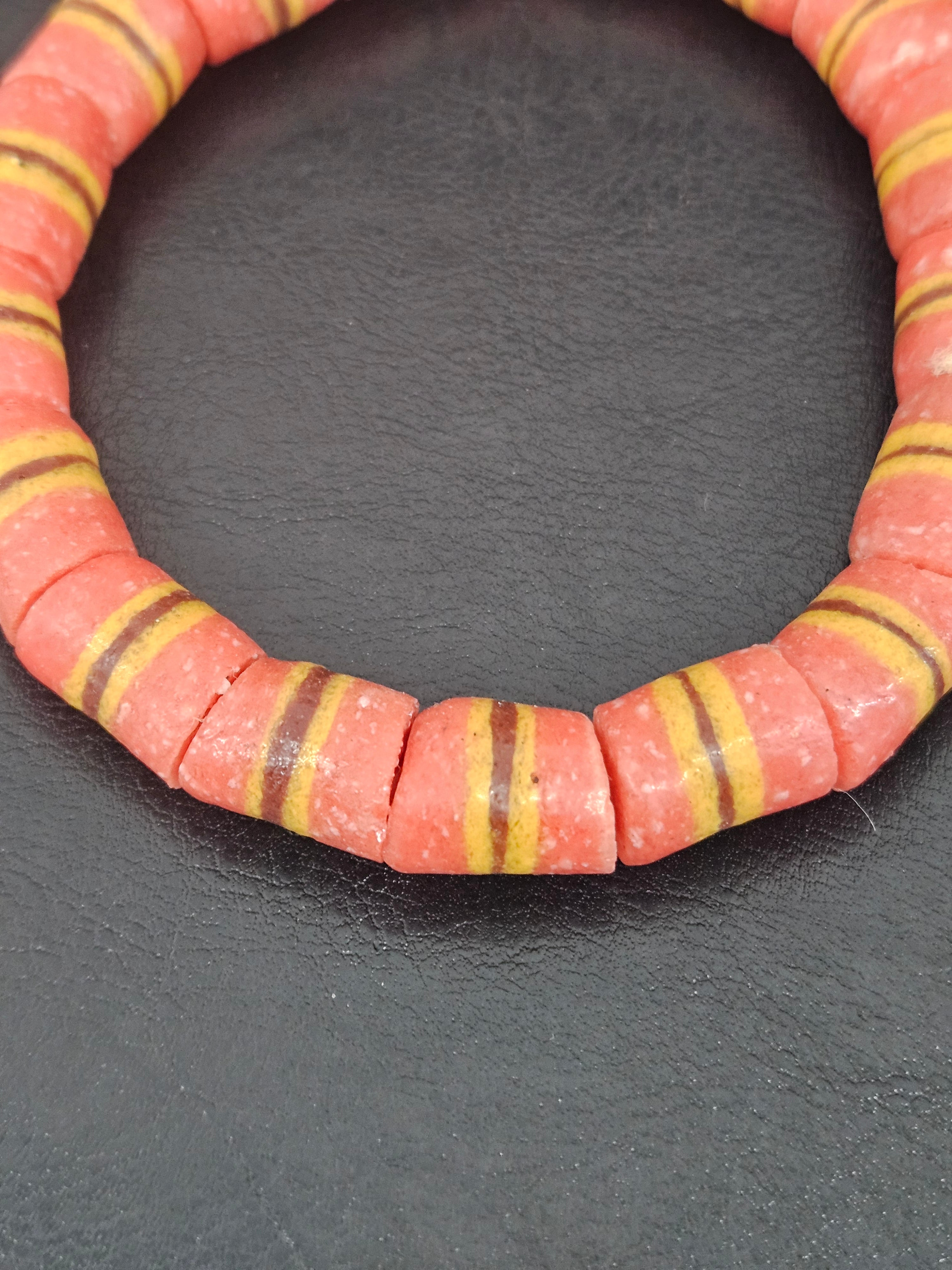 Red Striped Krobo Kente Glass Beads | Handcrafted Powdered Glass Beads from Ghana | Approx. 17 Beads