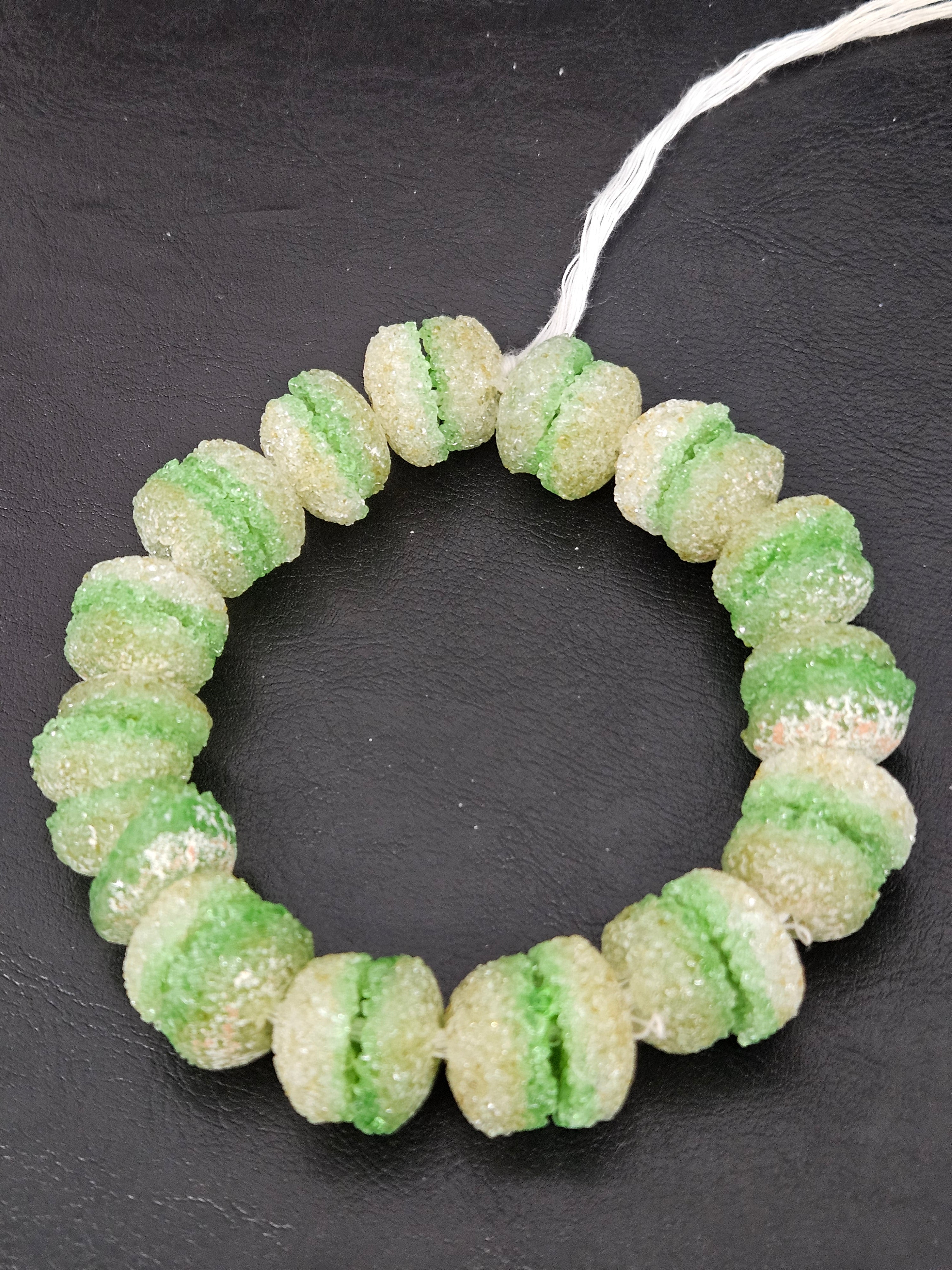 Green & White Krobo Sugar Glass Rondelle Beads | Handcrafted Recycled Glass Beads from Ghana | Approx. 30 Beads Per Strand