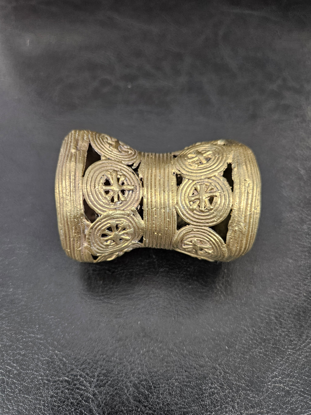 Oversized Ashanti Brass Talking Drum Pendant — Circular Openwork Design
