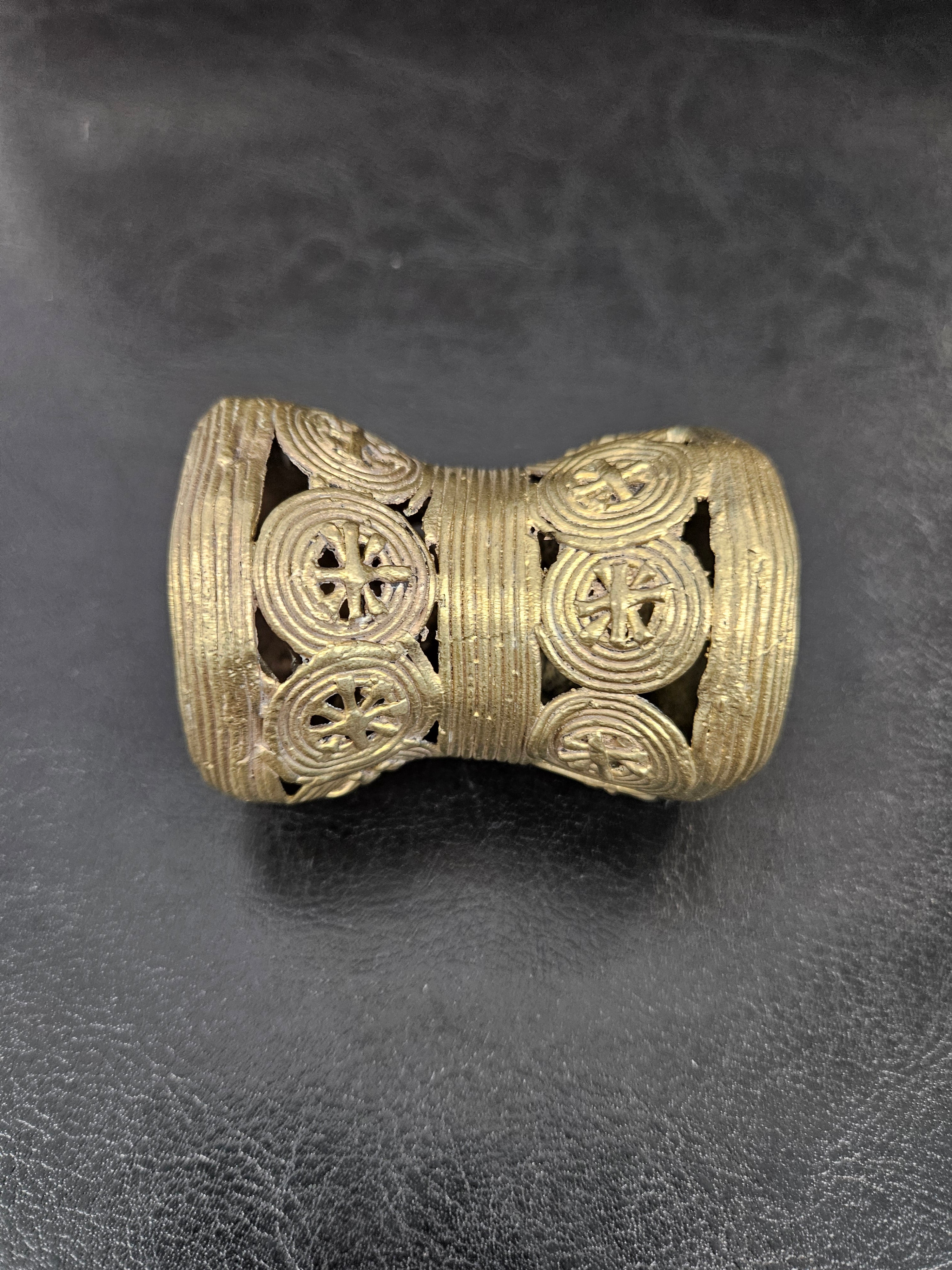 Oversized Ashanti Brass Talking Drum Pendant — Circular Openwork Design