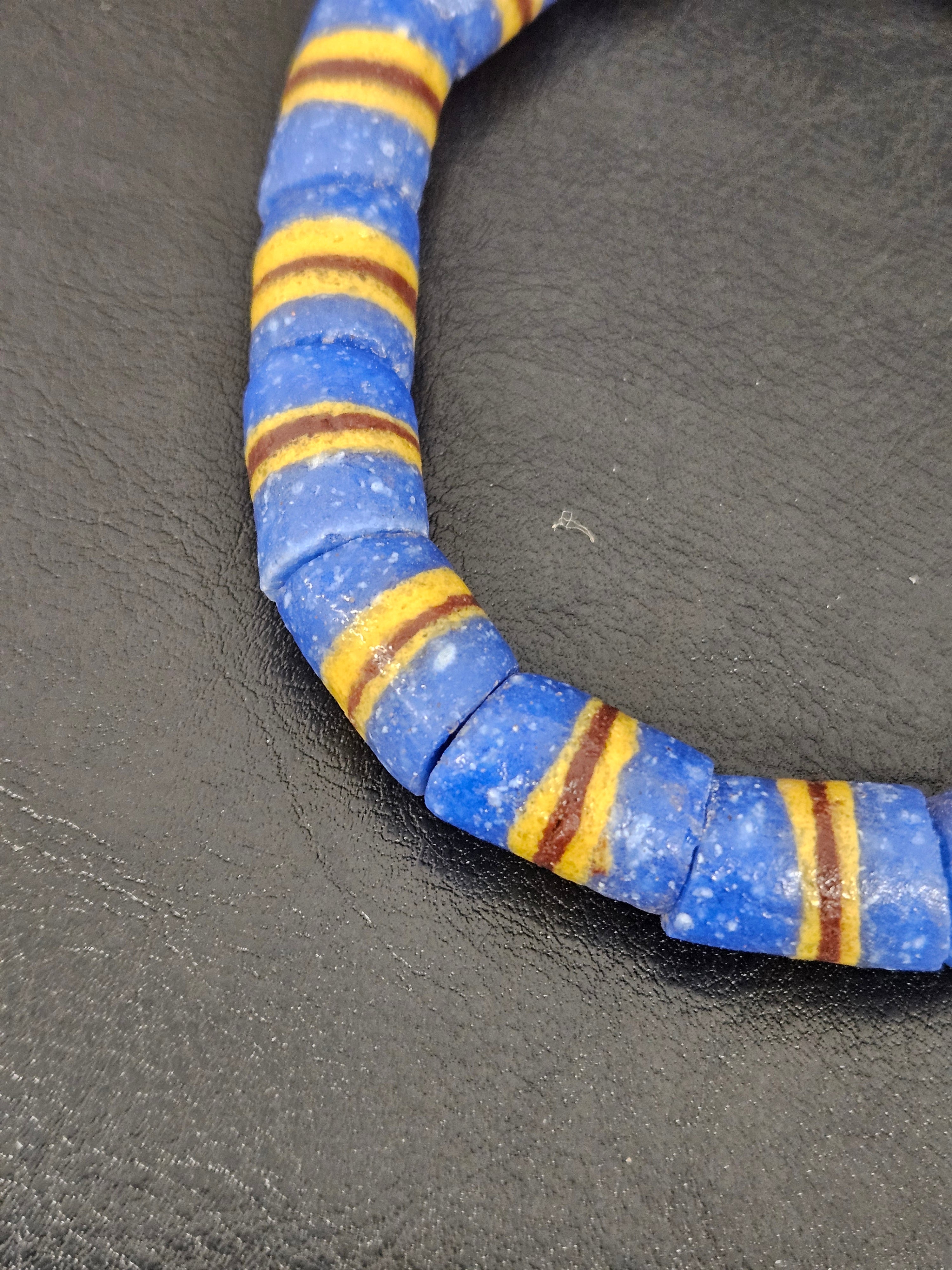 Blue Striped Krobo Kente Glass Beads | Handcrafted Powdered Glass Beads from Ghana | Approx. 17 Beads