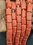 Coral Terracotta Cube Tube Krobo Powdered Glass Beads | Handmade Recycled Glass Beads from Ghana | 30–32 Beads per Strand