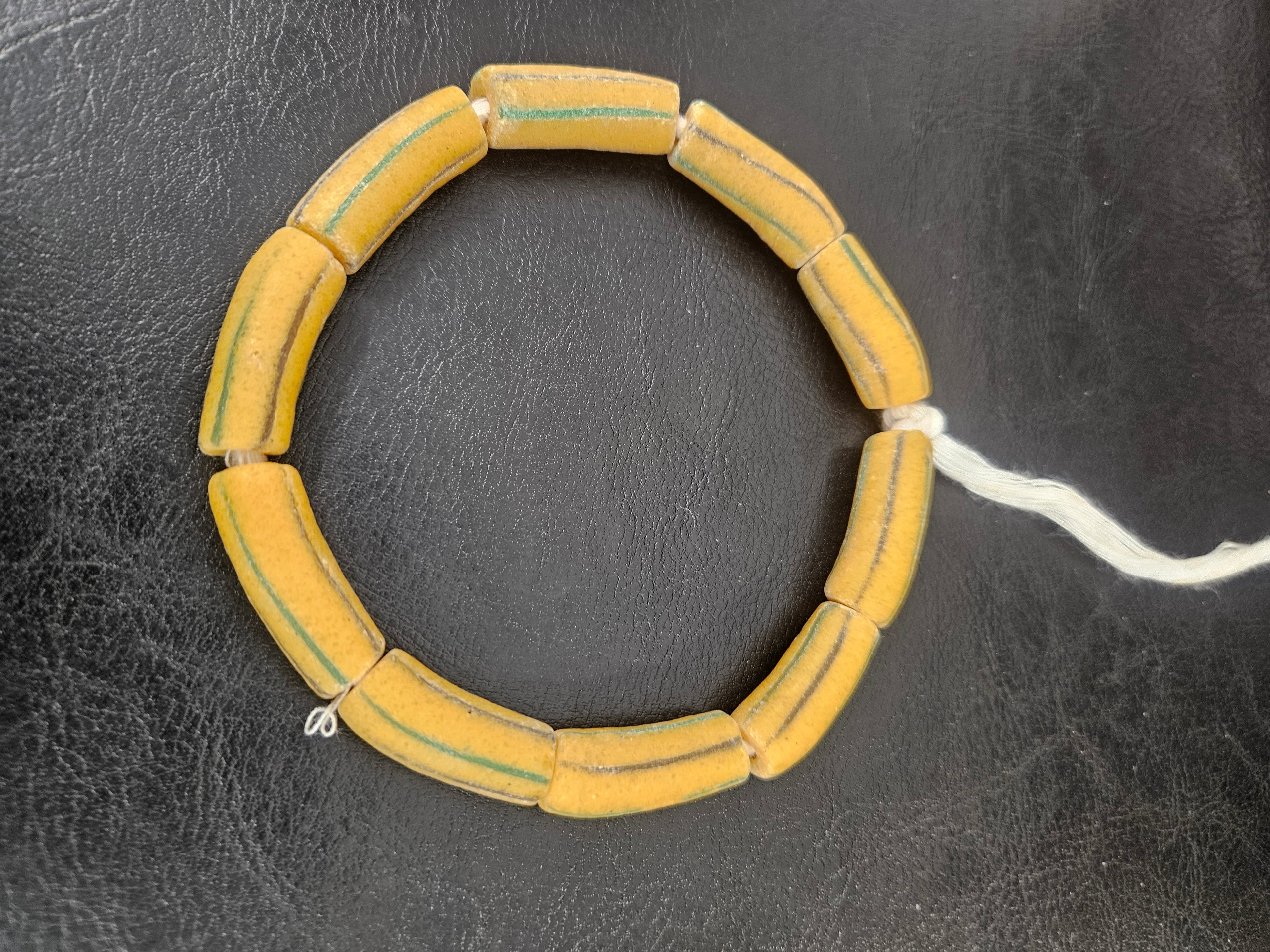 African Glass Beads – Painted Krobo Long Tubes, Mustard & Green Handmade Beads